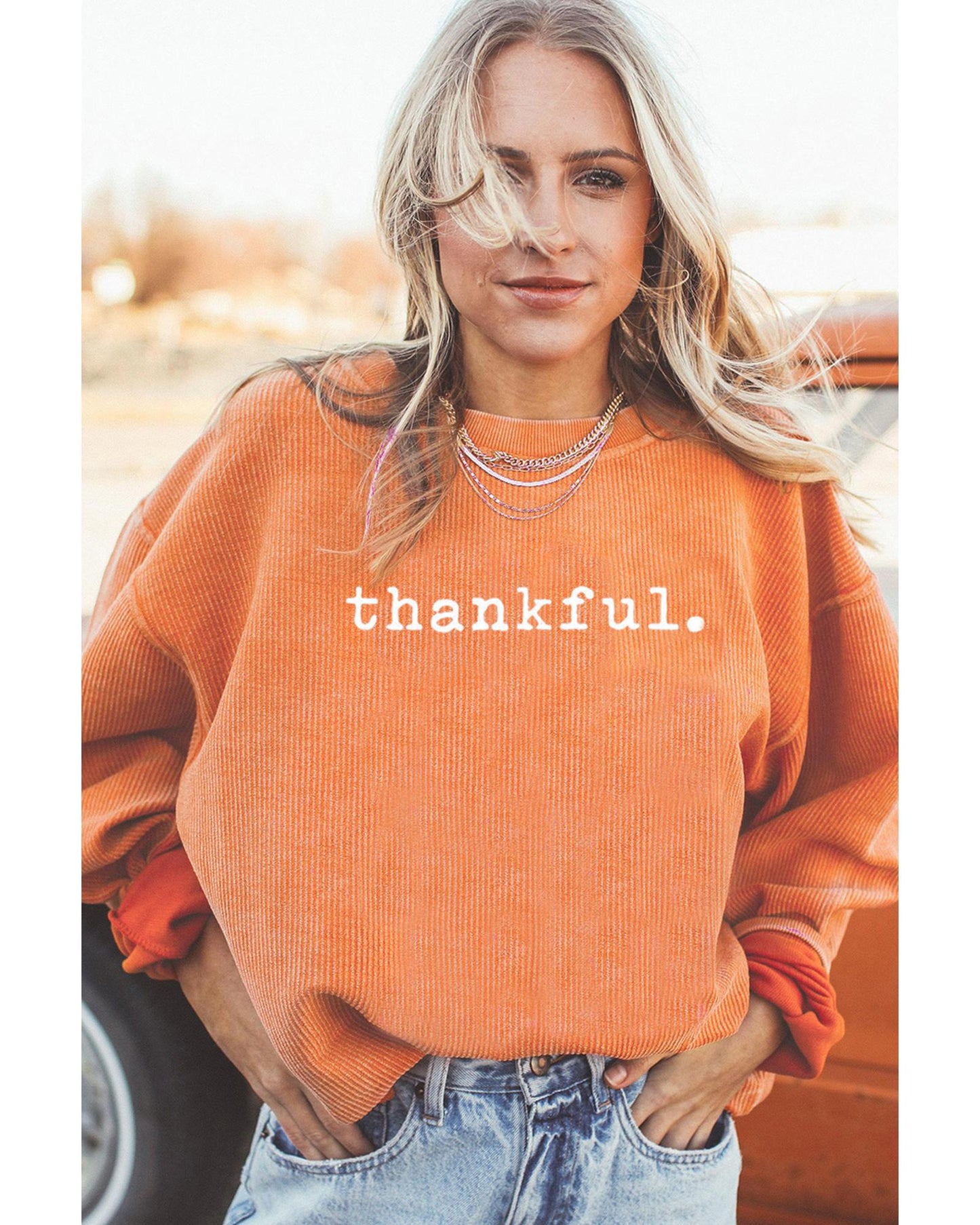 Orange Thankful Ribbed Crew Neck Thanksgiving Sweatshirt - L