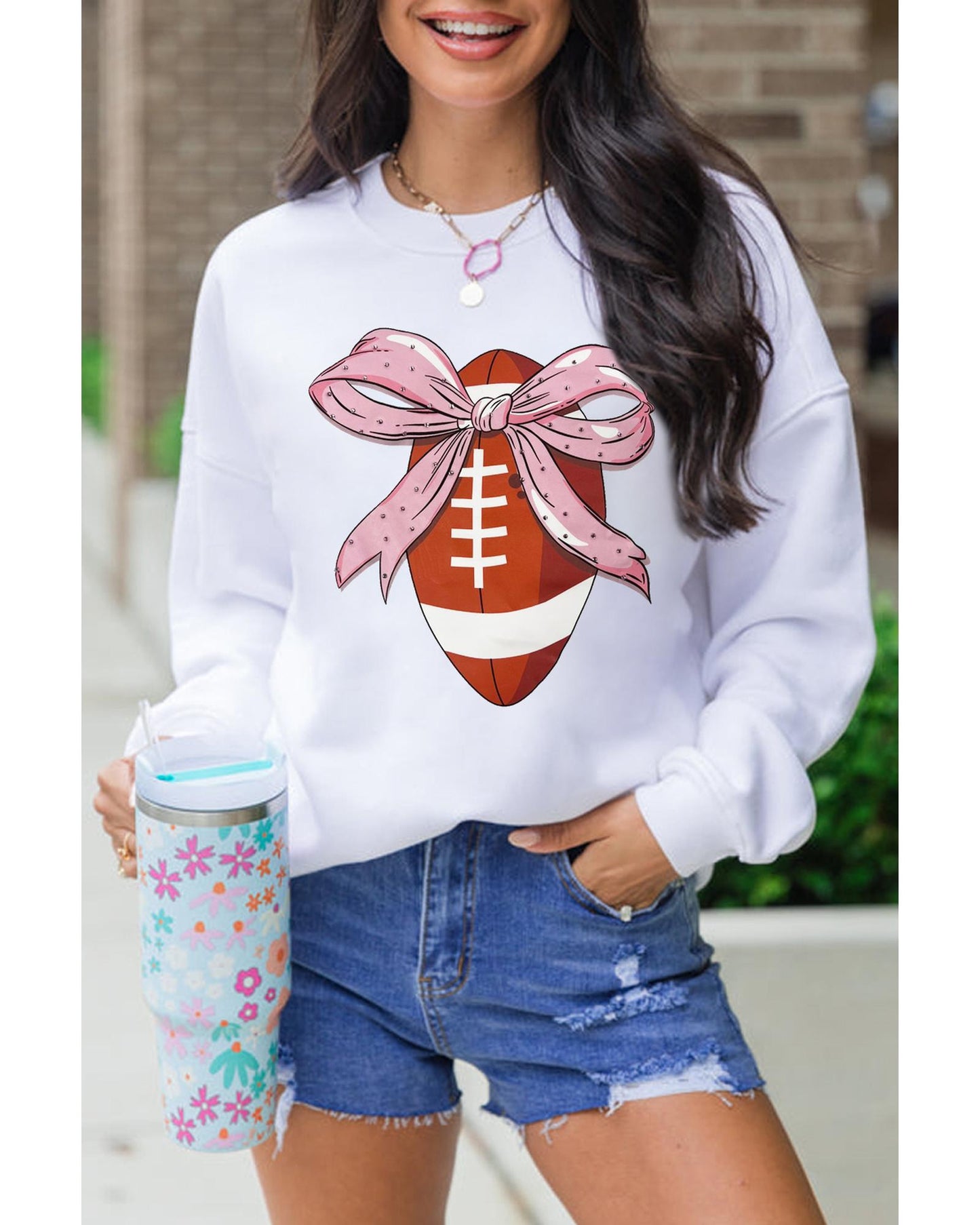 Beige Bowknot Rugby Football Graphic Game Day Pullover Sweatshirt - 2XL