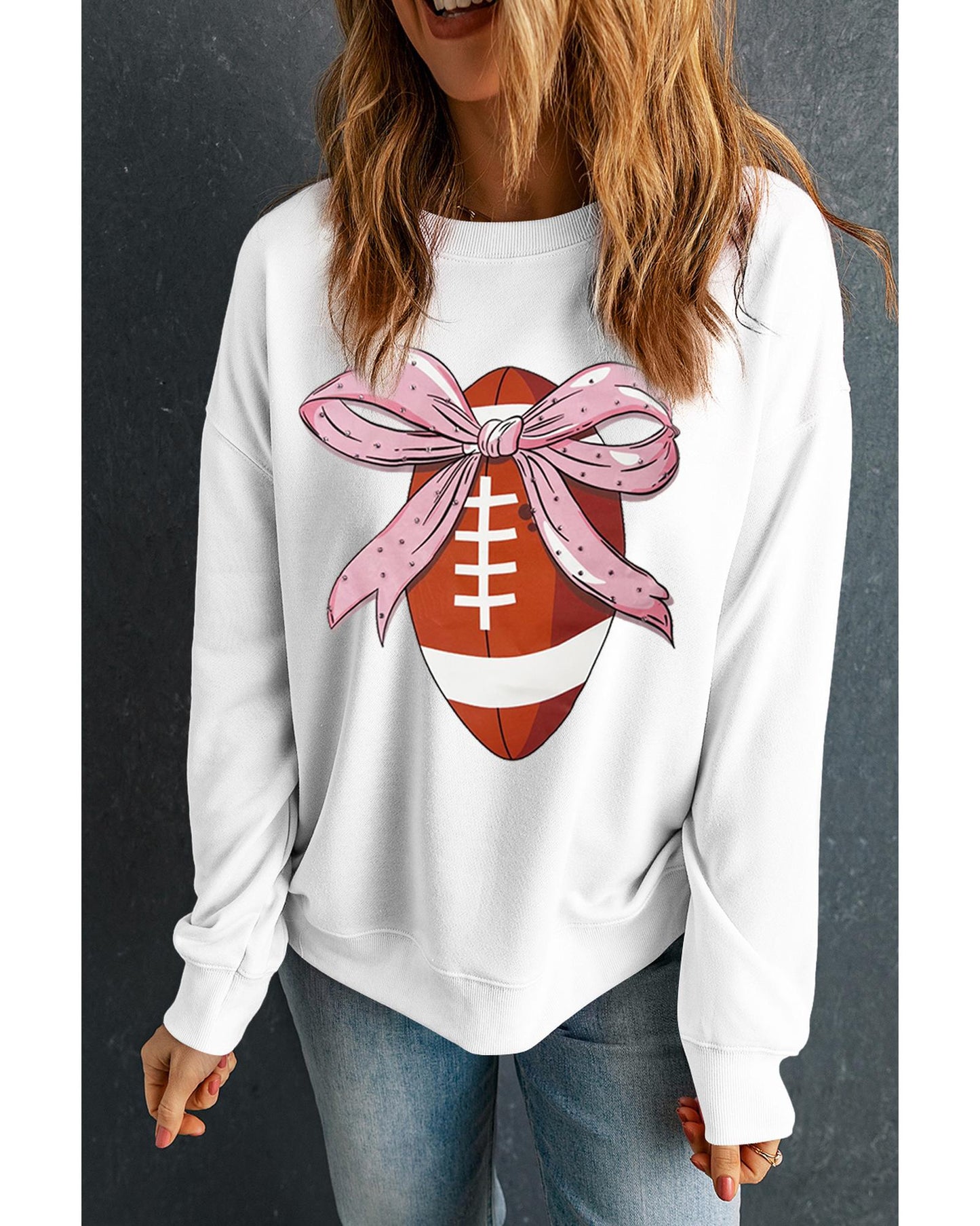 Beige Bowknot Rugby Football Graphic Game Day Pullover Sweatshirt - 2XL