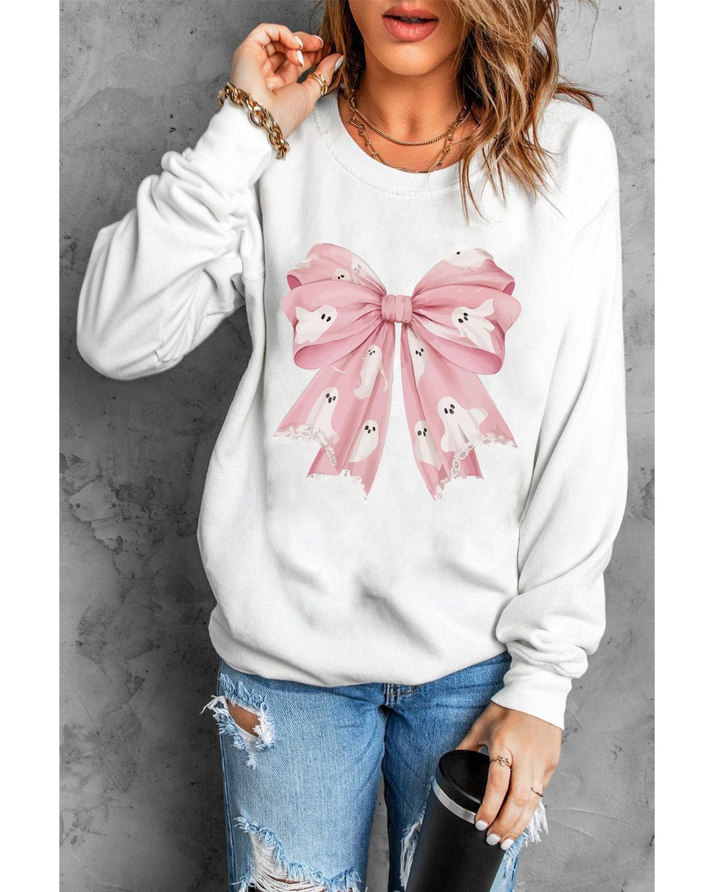 Beige Ghost Bowknot Graphic Crew Neck Drop Shoulder Sweatshirt - 2XL