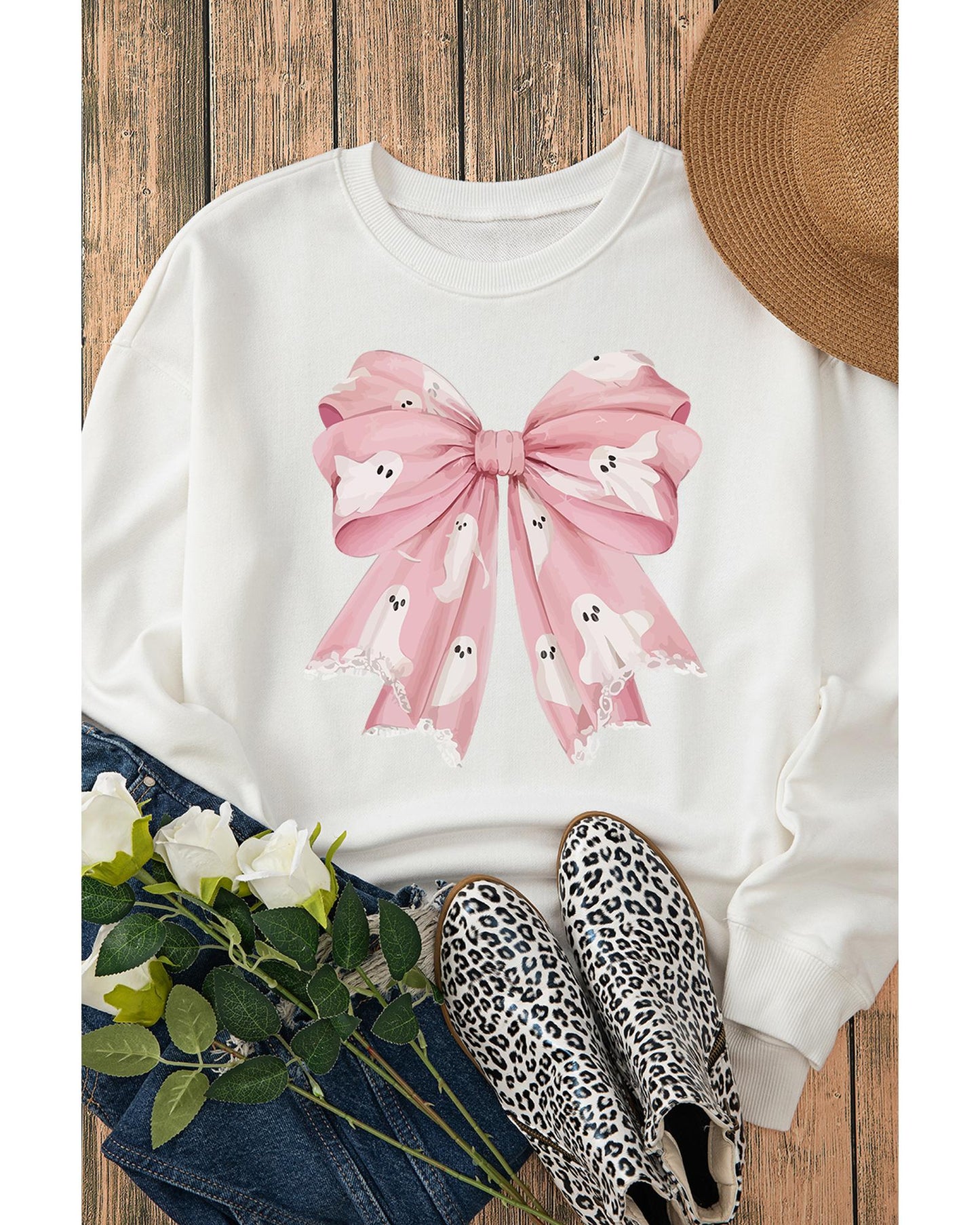 Beige Ghost Bowknot Graphic Crew Neck Drop Shoulder Sweatshirt - 2XL