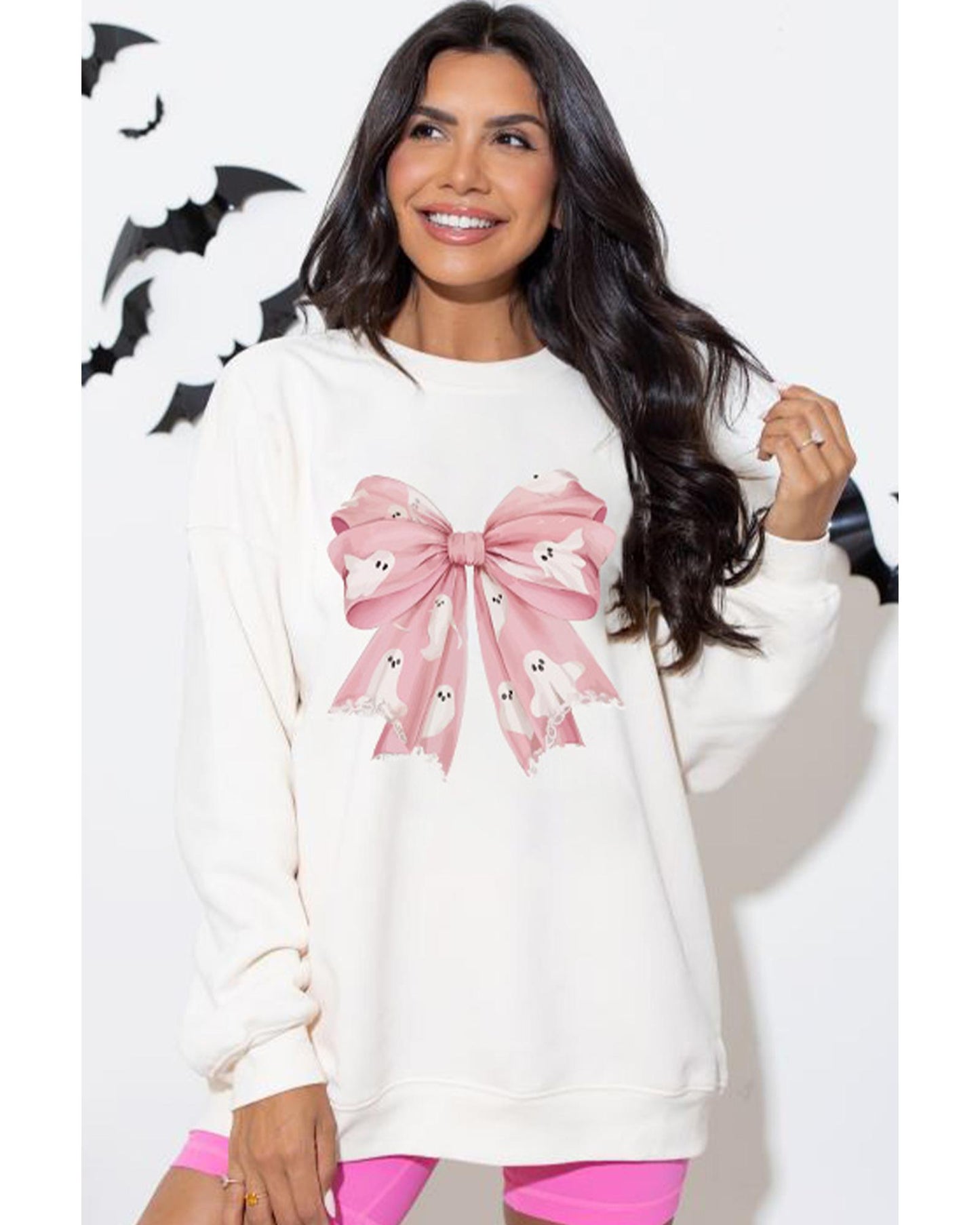 Beige Ghost Bowknot Graphic Crew Neck Drop Shoulder Sweatshirt - L