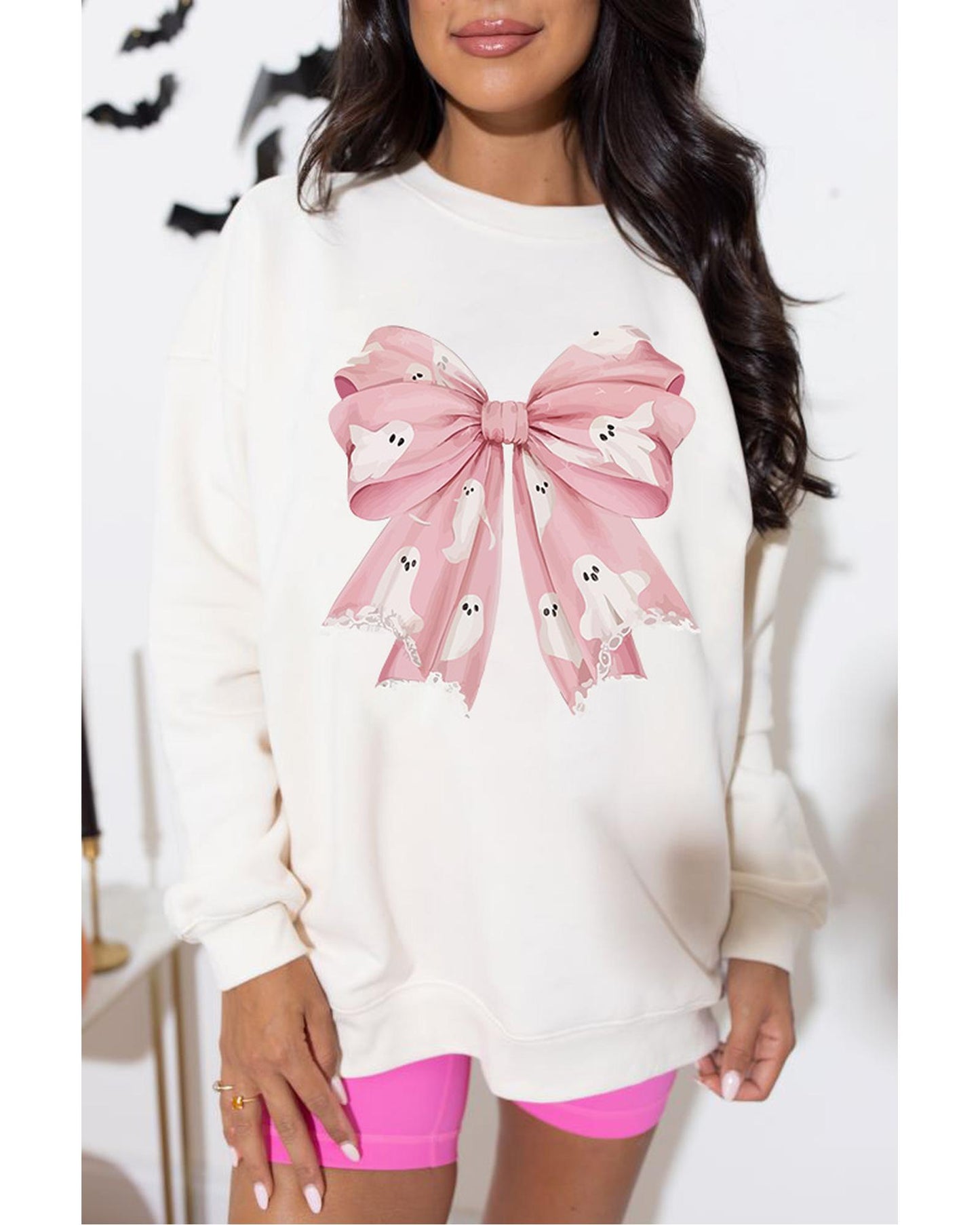 Beige Ghost Bowknot Graphic Crew Neck Drop Shoulder Sweatshirt - L