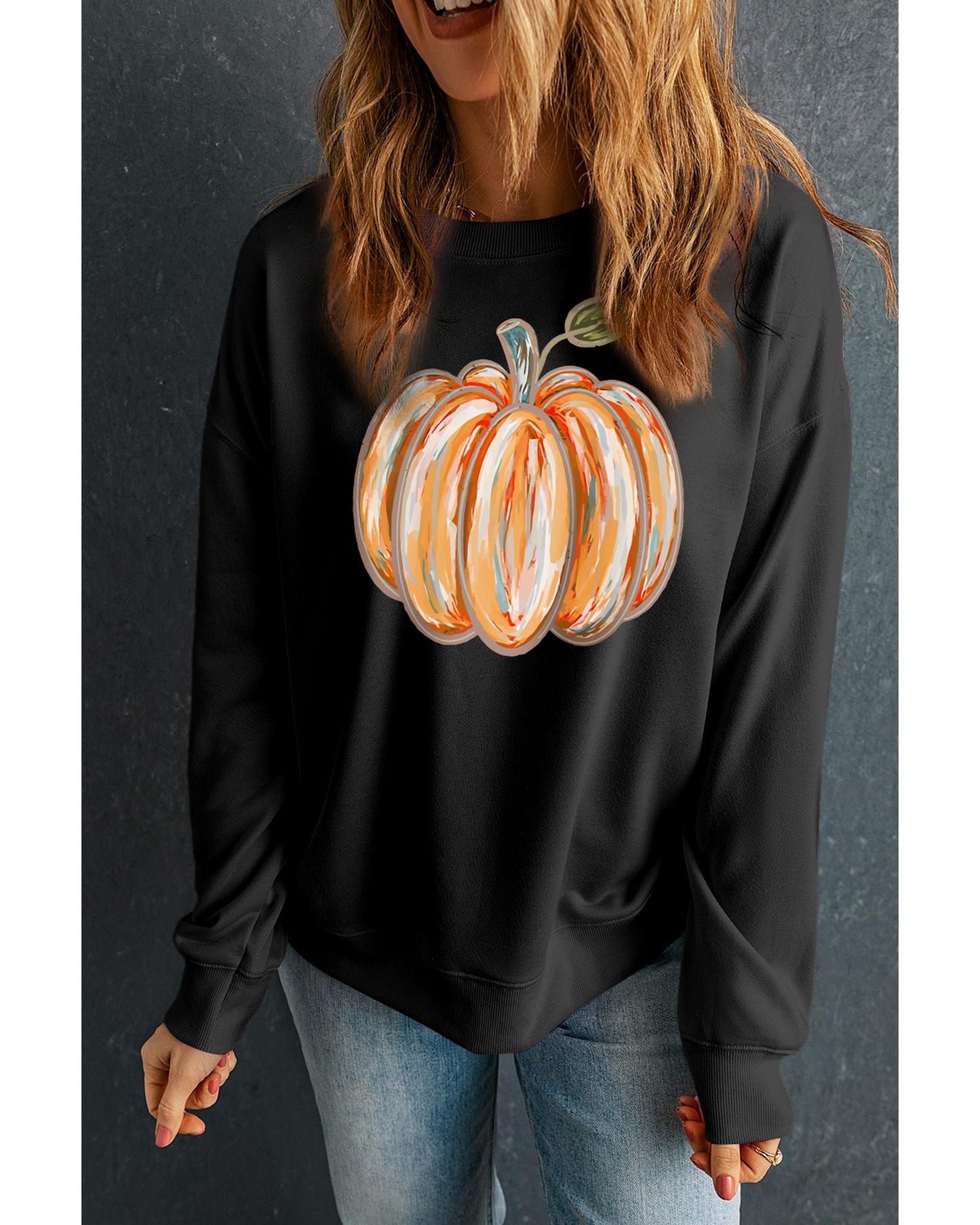 Black Thanksgiving Pumpkin Graphic Drop Shoulder Sweatshirt - L