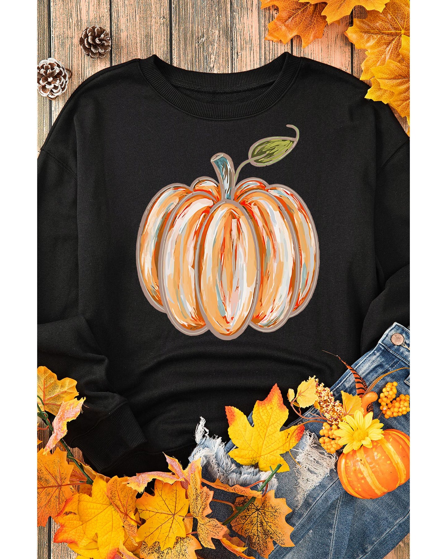 Black Thanksgiving Pumpkin Graphic Drop Shoulder Sweatshirt - L