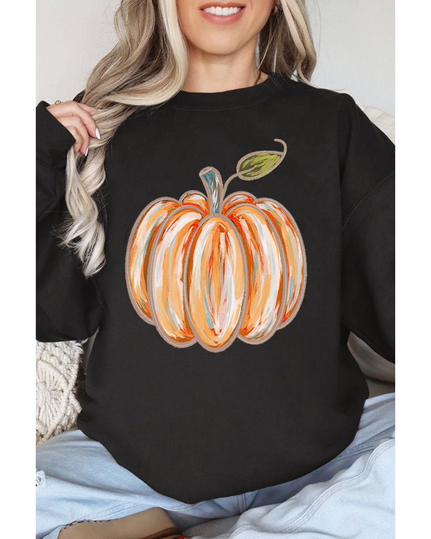 Black Thanksgiving Pumpkin Graphic Drop Shoulder Sweatshirt - L