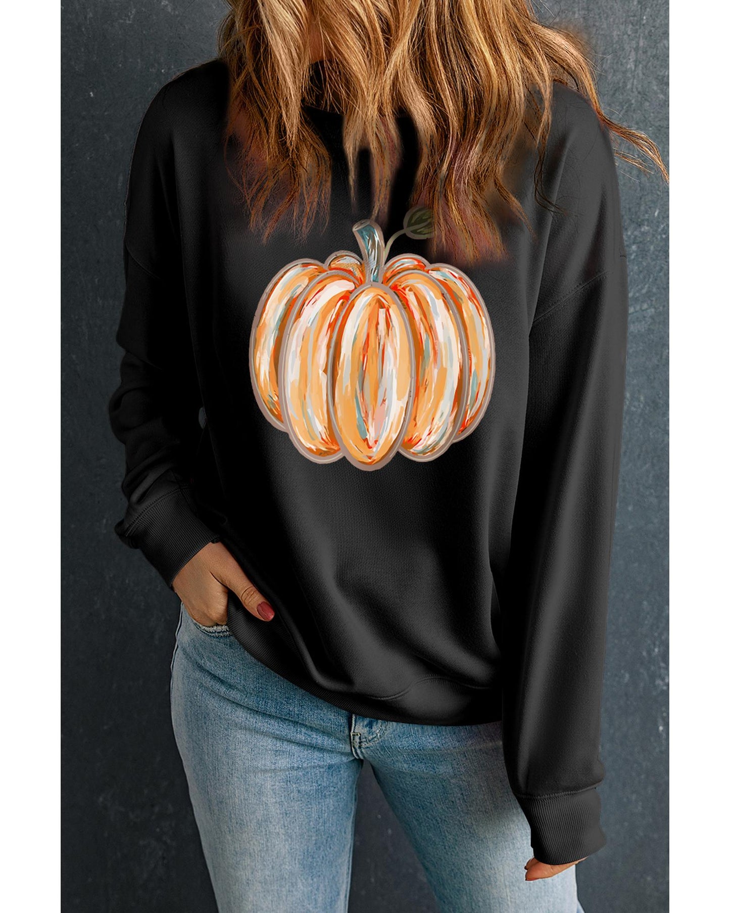 Black Thanksgiving Pumpkin Graphic Drop Shoulder Sweatshirt - L