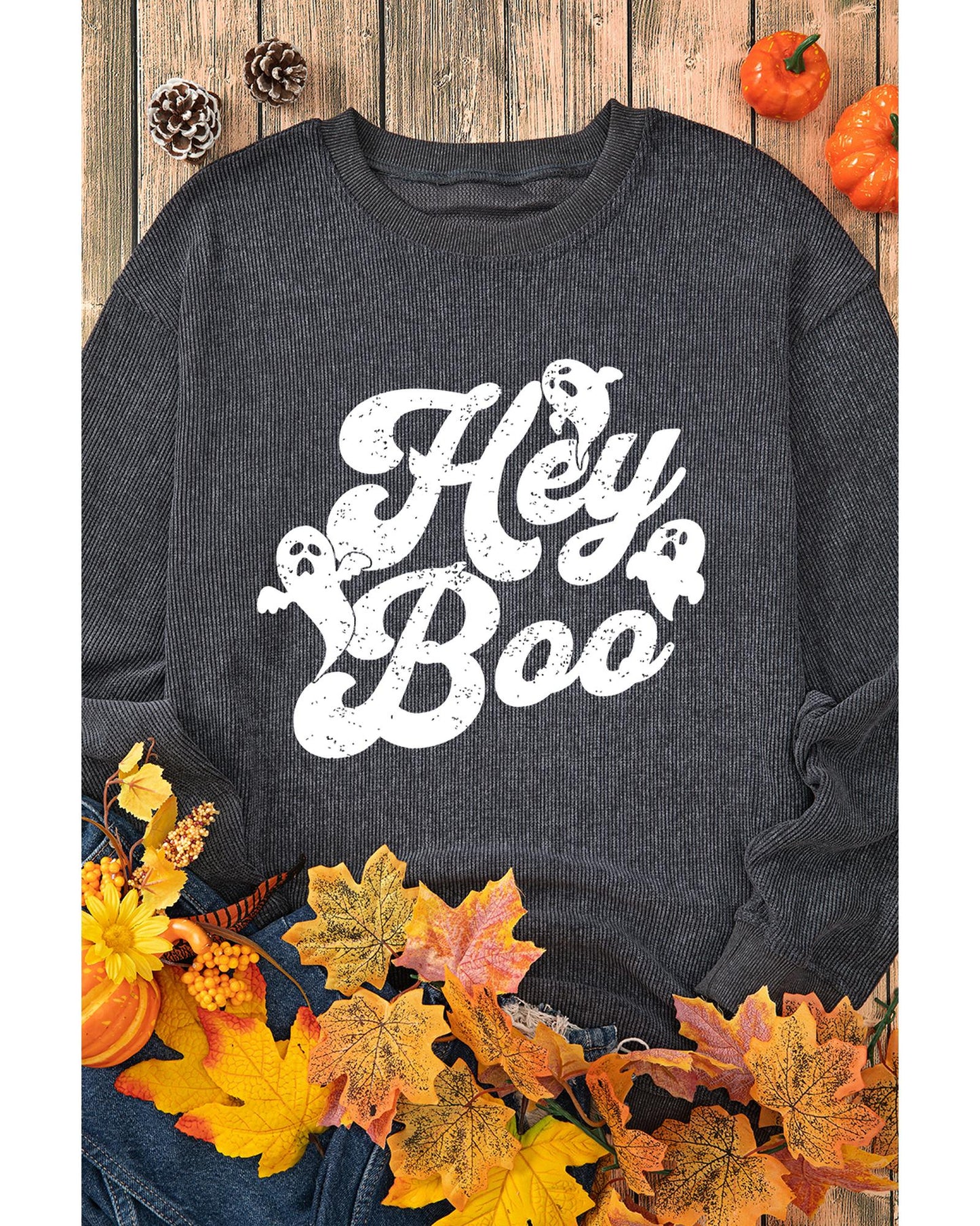 Gray Corded Hey Boo Ghost Graphic Drop Shoulder Halloween Sweatshirt - M