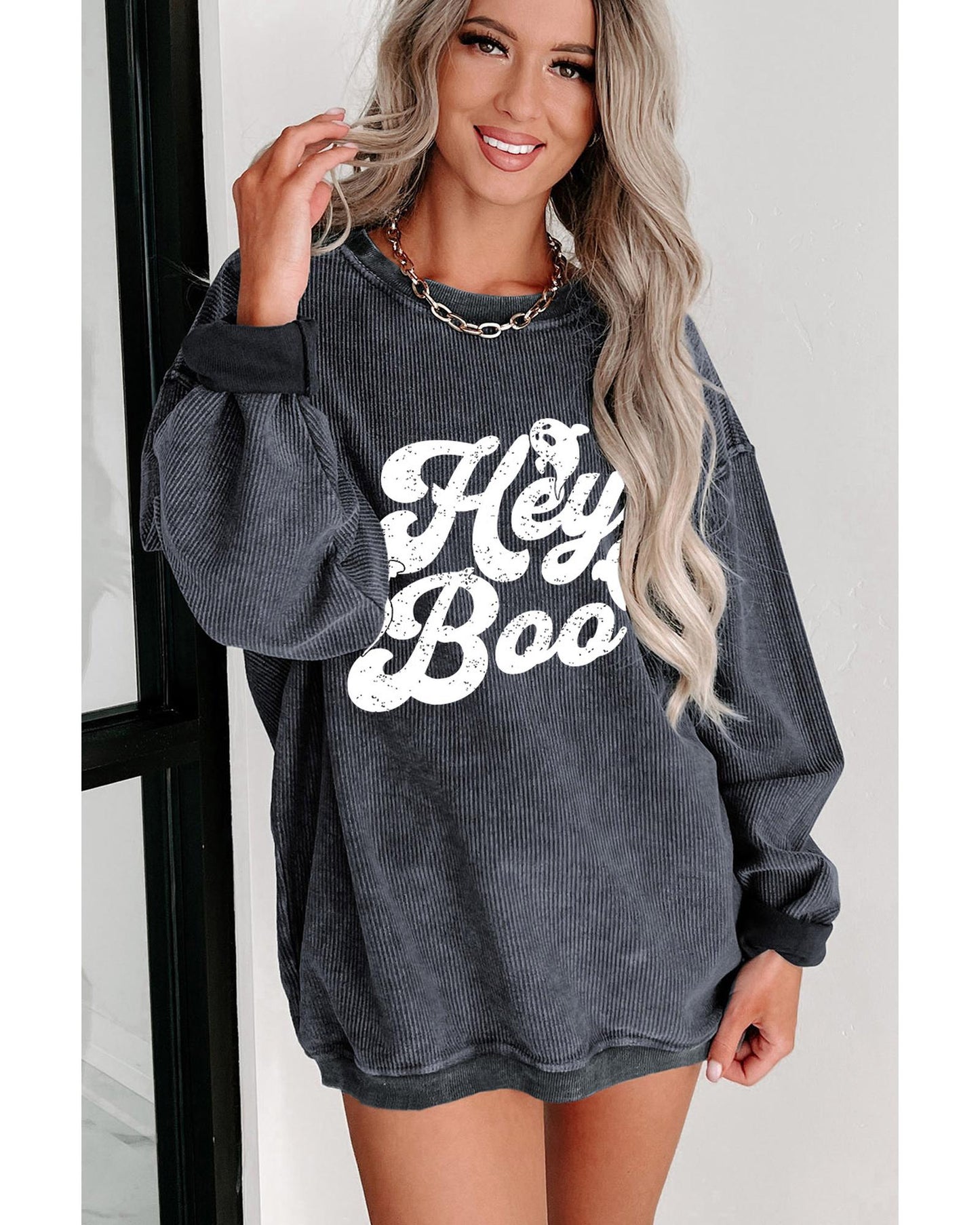 Gray Corded Hey Boo Ghost Graphic Drop Shoulder Halloween Sweatshirt - M