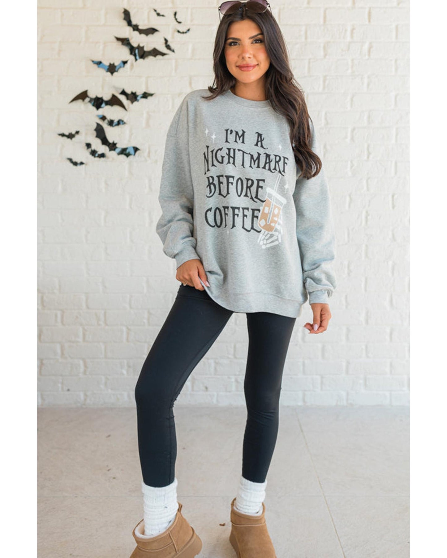 Gray I'M A NIGHTMARE BEFORE COFFEE Graphic Crewneck Sweatshirt - S