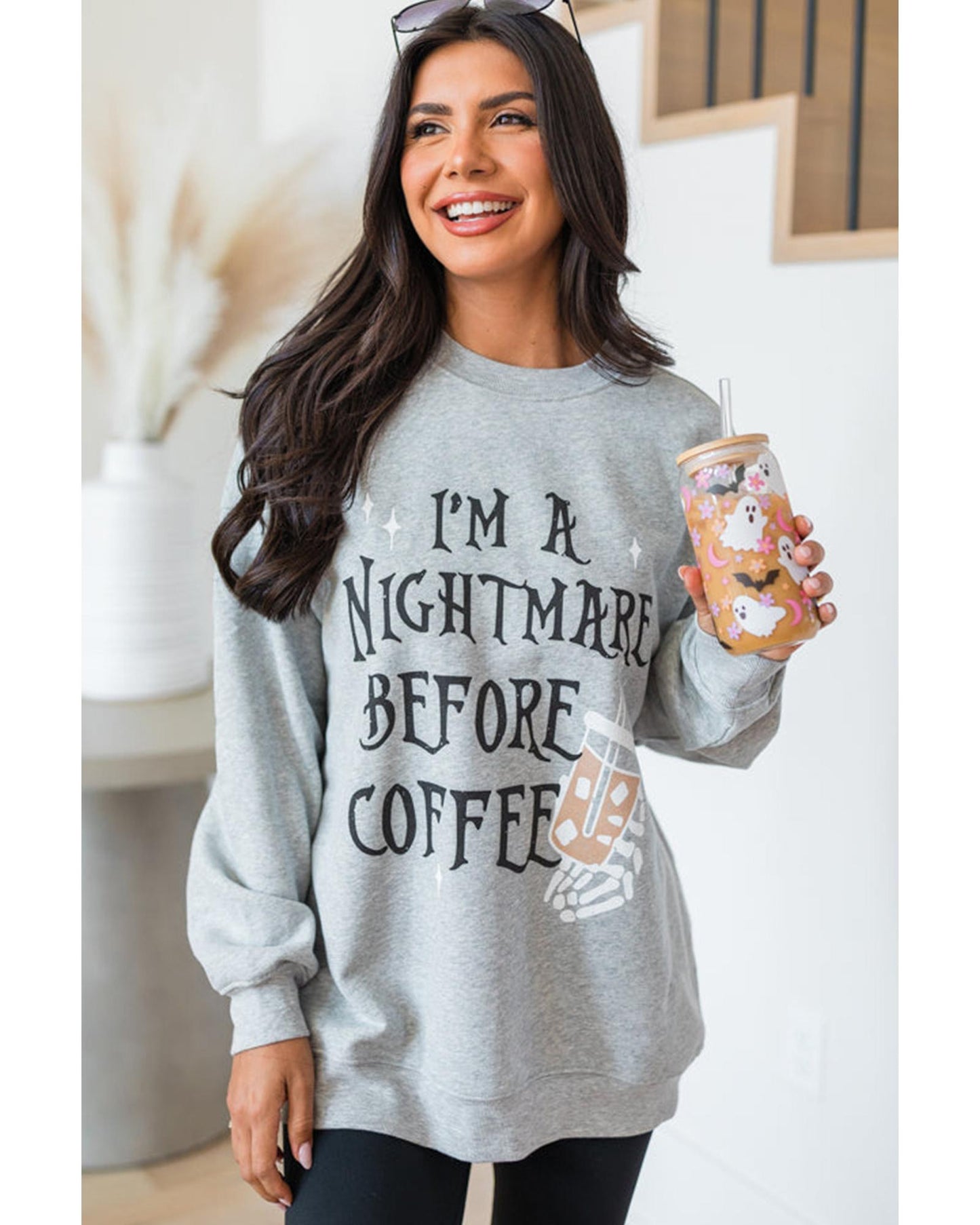 Gray I'M A NIGHTMARE BEFORE COFFEE Graphic Crewneck Sweatshirt - S
