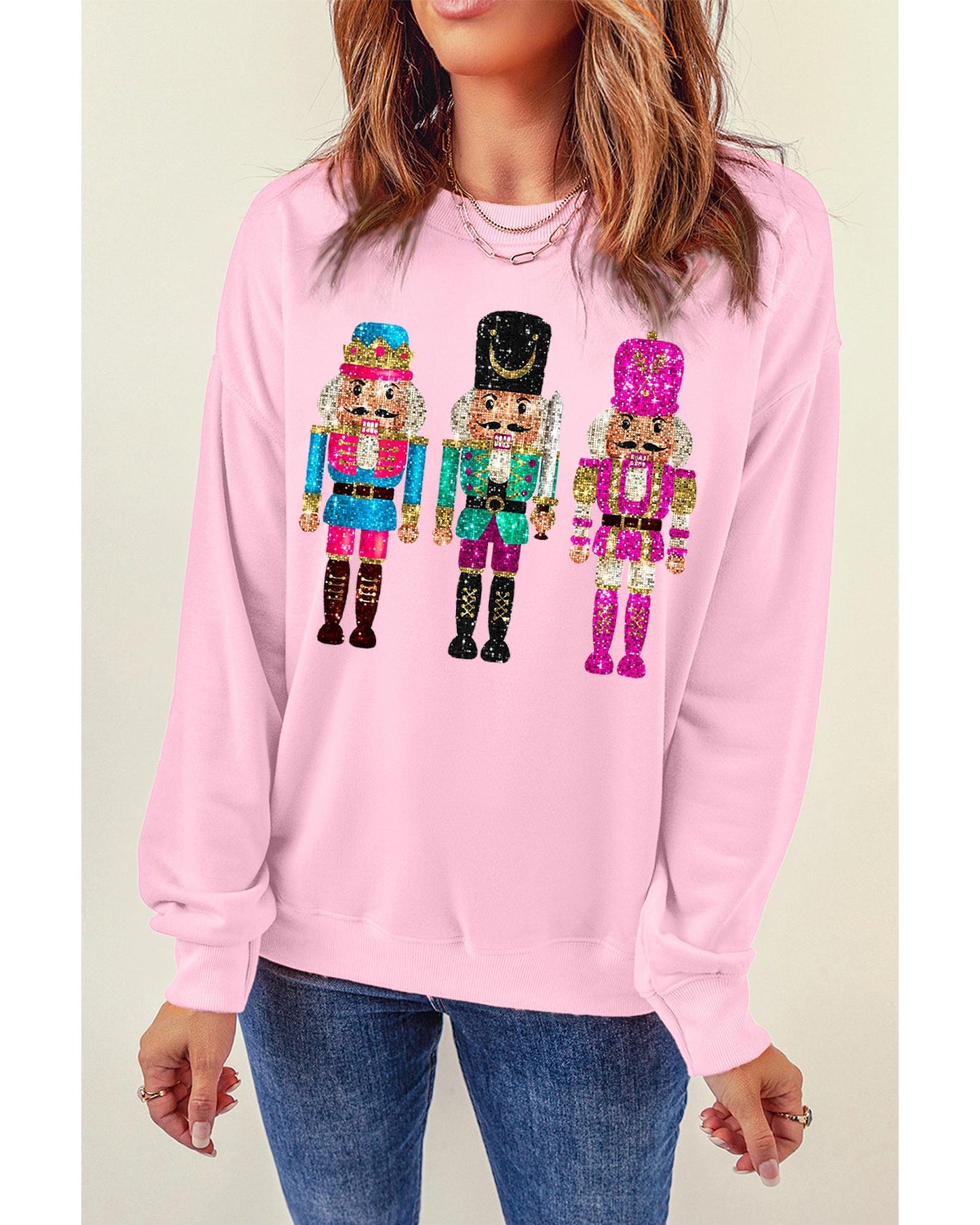 Pink Cute Nutcracker Printed Drop Shoulder Christmas Sweatshirt - M
