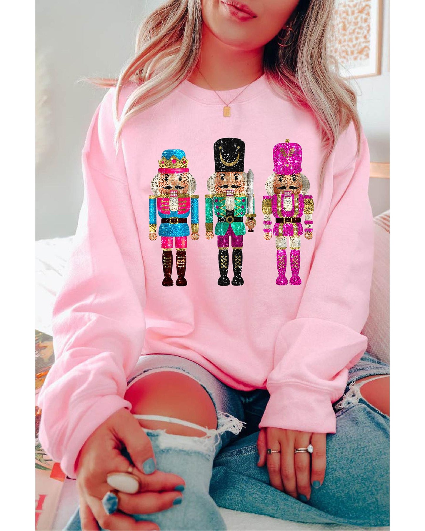 Pink Cute Nutcracker Printed Drop Shoulder Christmas Sweatshirt - M