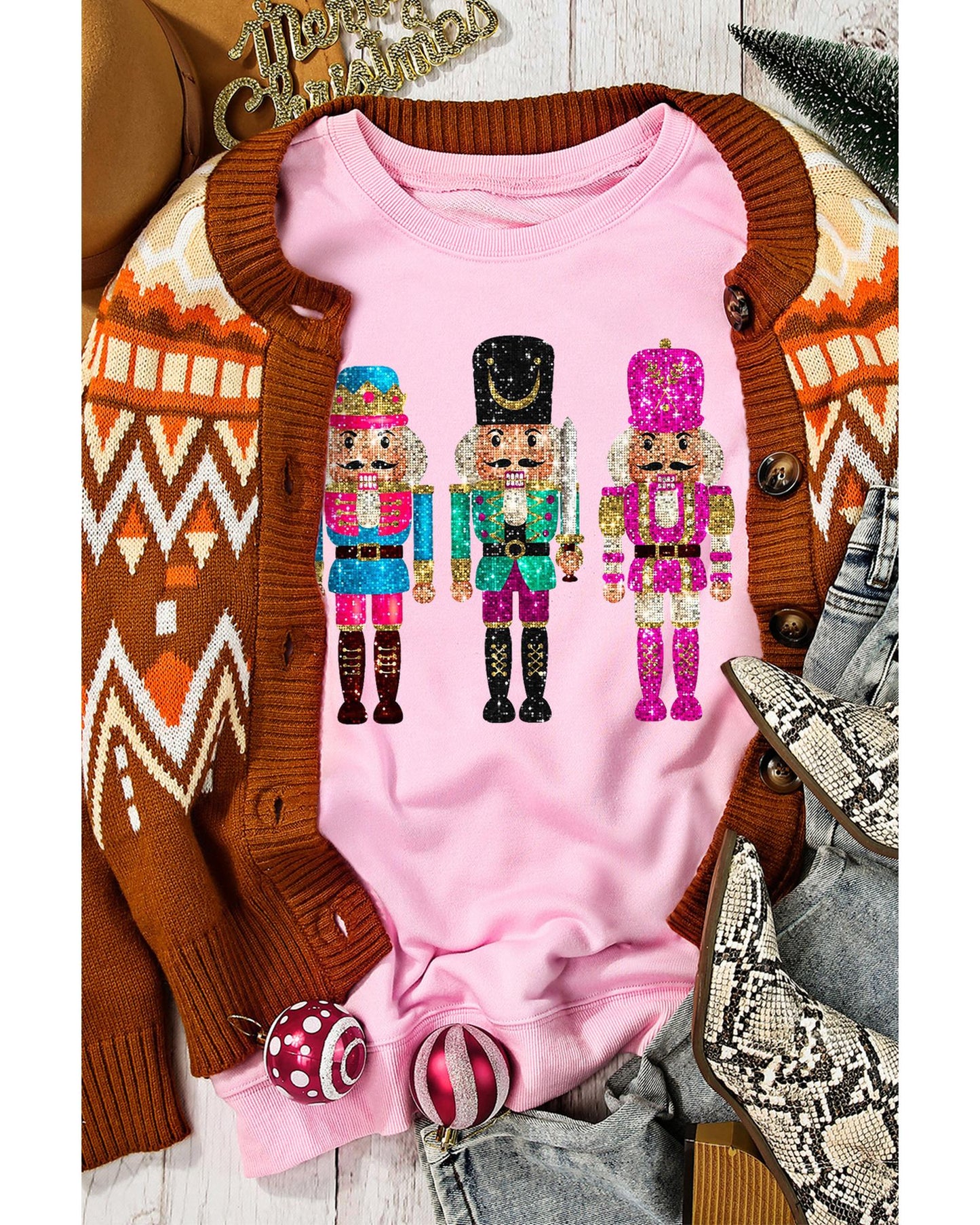 Pink Cute Nutcracker Printed Drop Shoulder Christmas Sweatshirt - XL