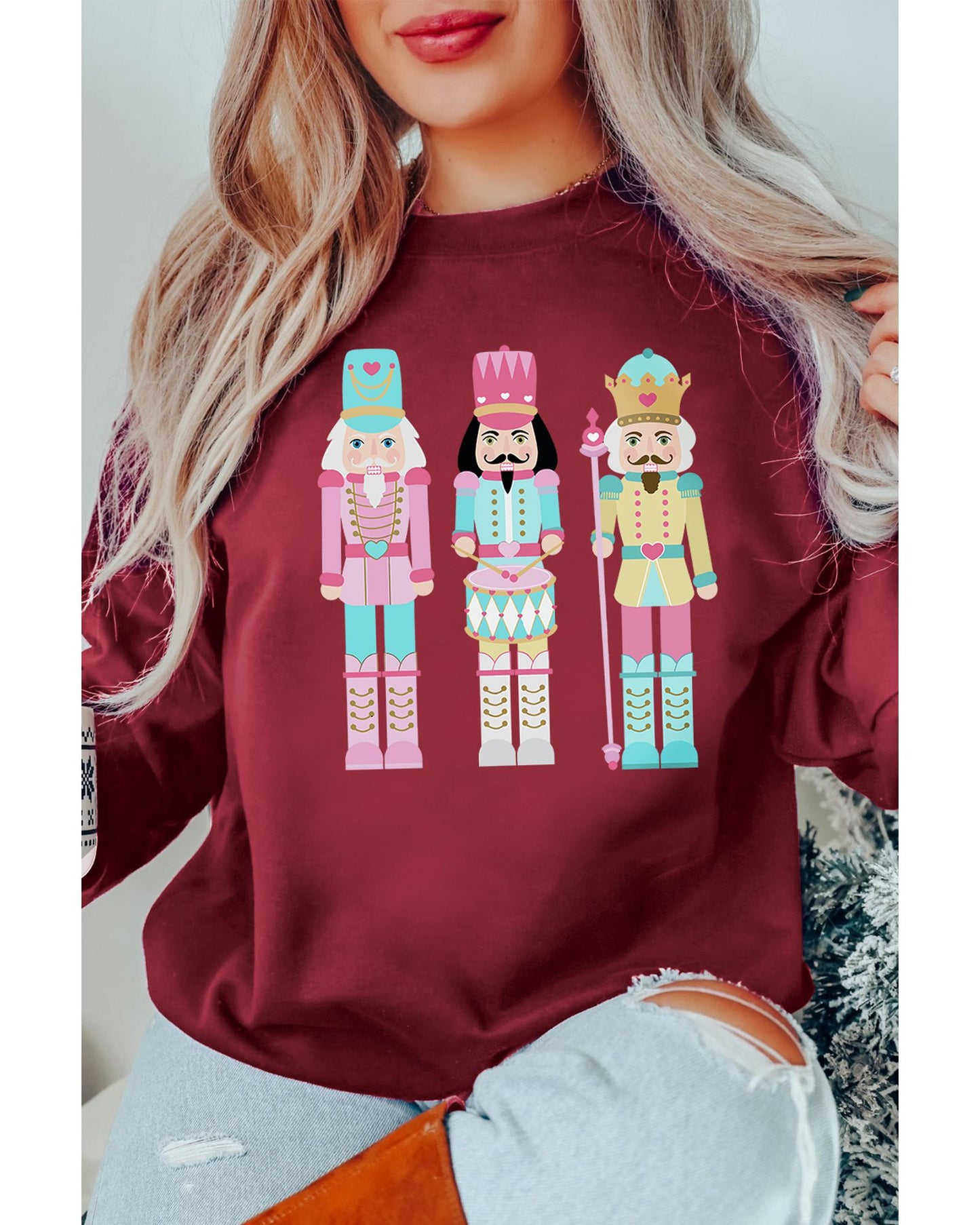 Burgundy Nutcracker Graphic Drop Shoulder Christmas Sweatshirt - S