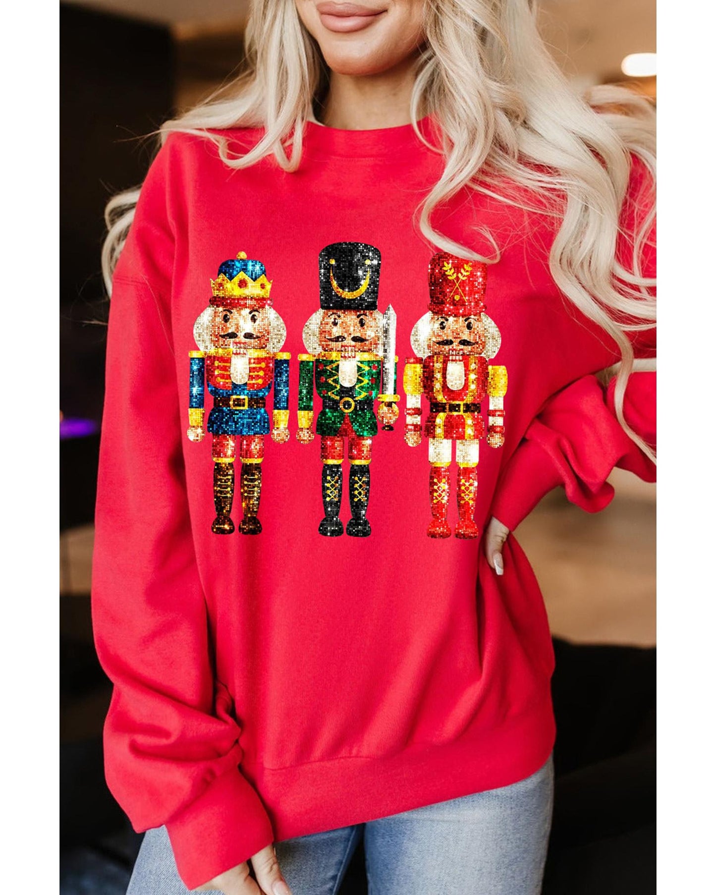 Red Christmas Metallic Nutcracker Graphic Crew Neck Sweatshirt - M