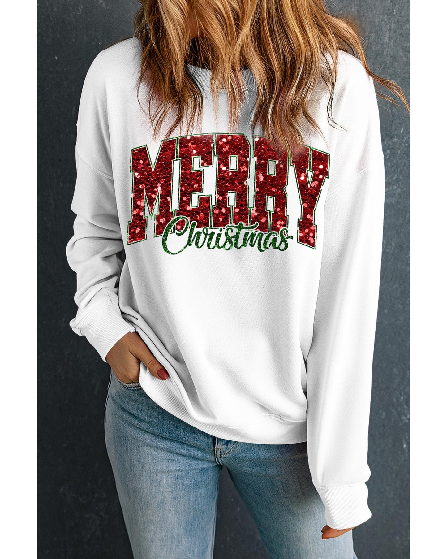 Beige MERRY Christmas Heat Transfer Printing Crewneck Pullover Sweatshirt - 2XL