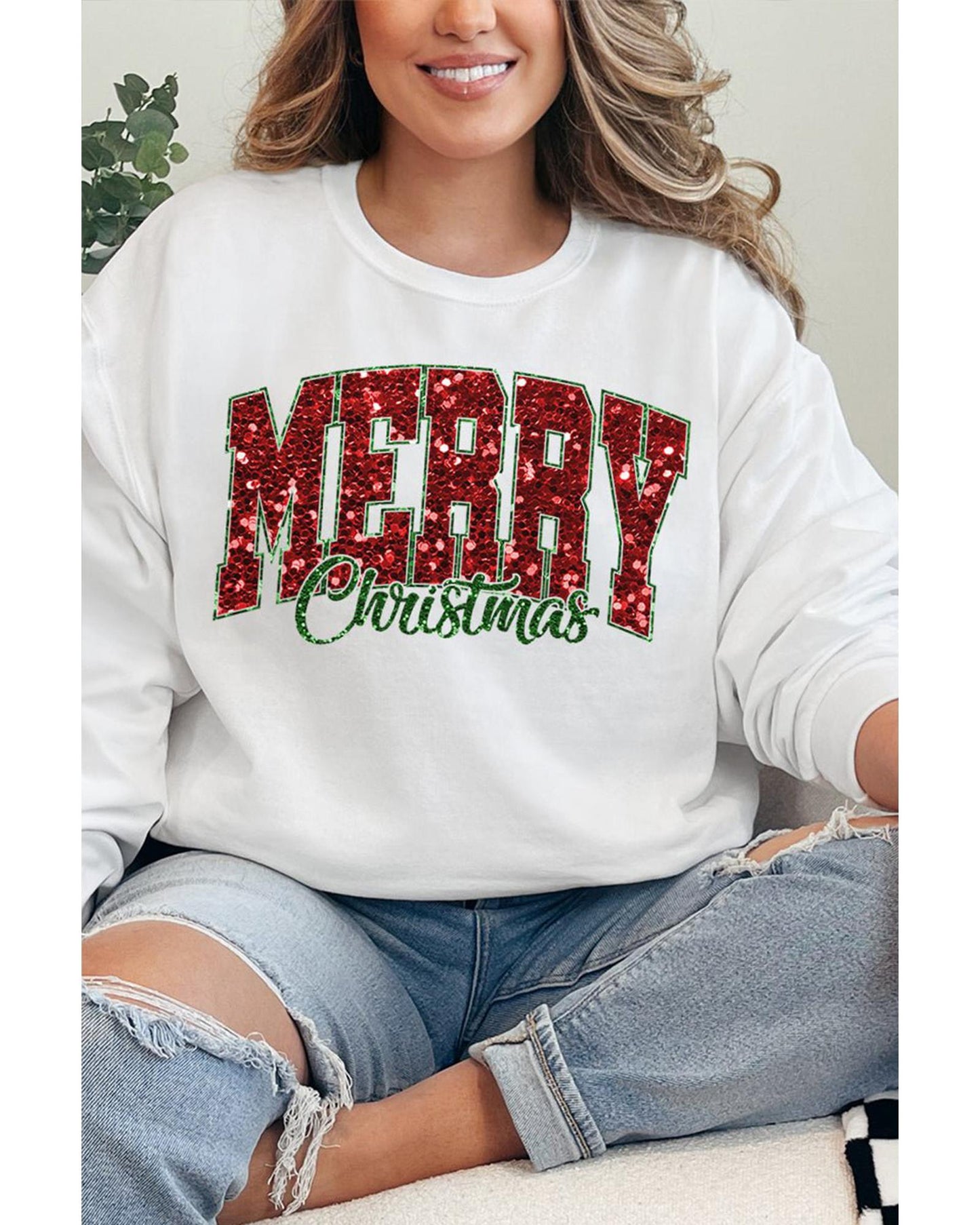 Beige MERRY Christmas Heat Transfer Printing Crewneck Pullover Sweatshirt - 2XL