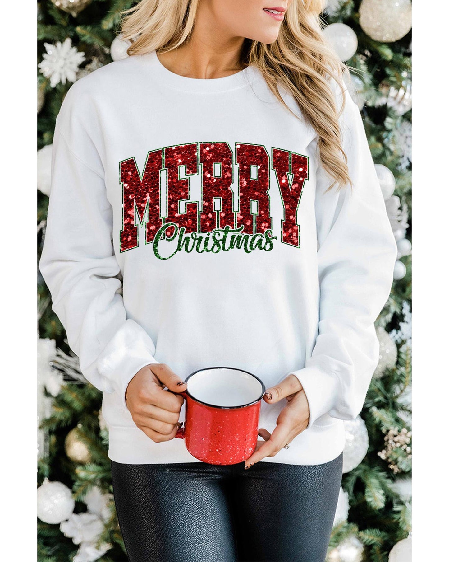 Beige MERRY Christmas Heat Transfer Printing Crewneck Pullover Sweatshirt - L