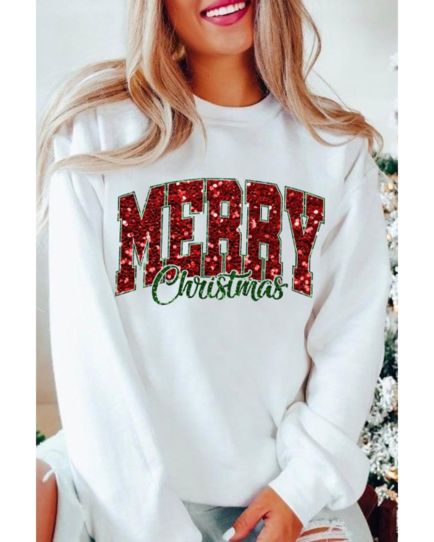 Beige MERRY Christmas Heat Transfer Printing Crewneck Pullover Sweatshirt - L