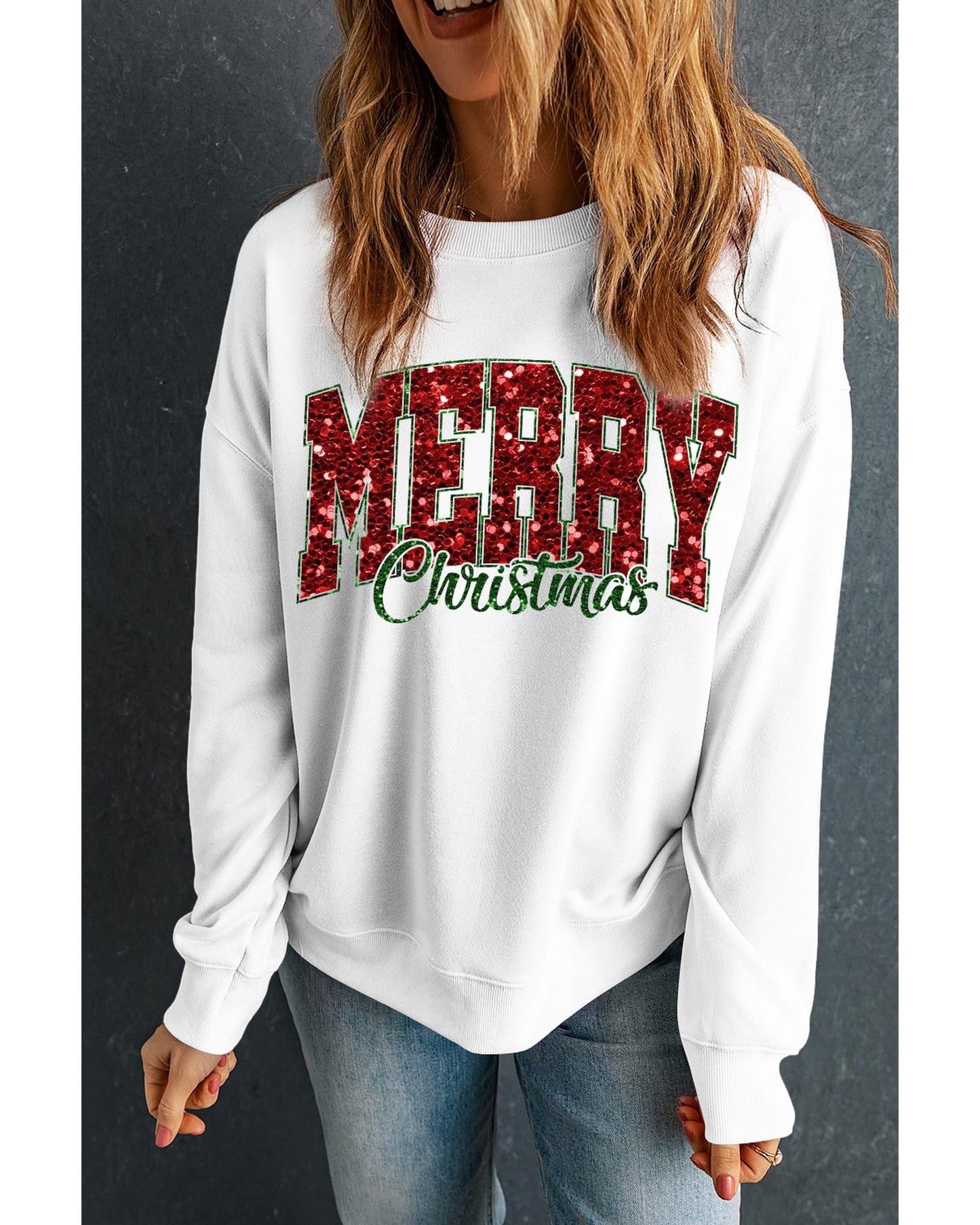 Beige MERRY Christmas Heat Transfer Printing Crewneck Pullover Sweatshirt - L