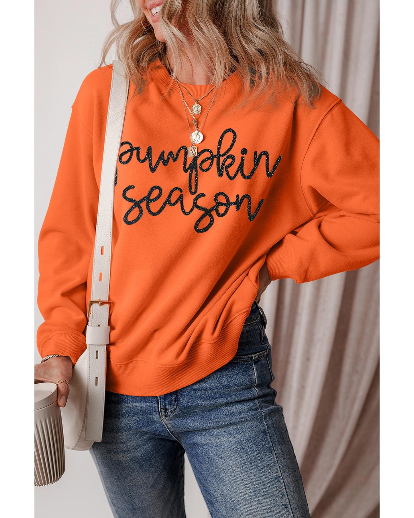 Russet Orange Glittering Pumpkin Season Graphic Drop Shoulder Pullover Sweatshirt - L