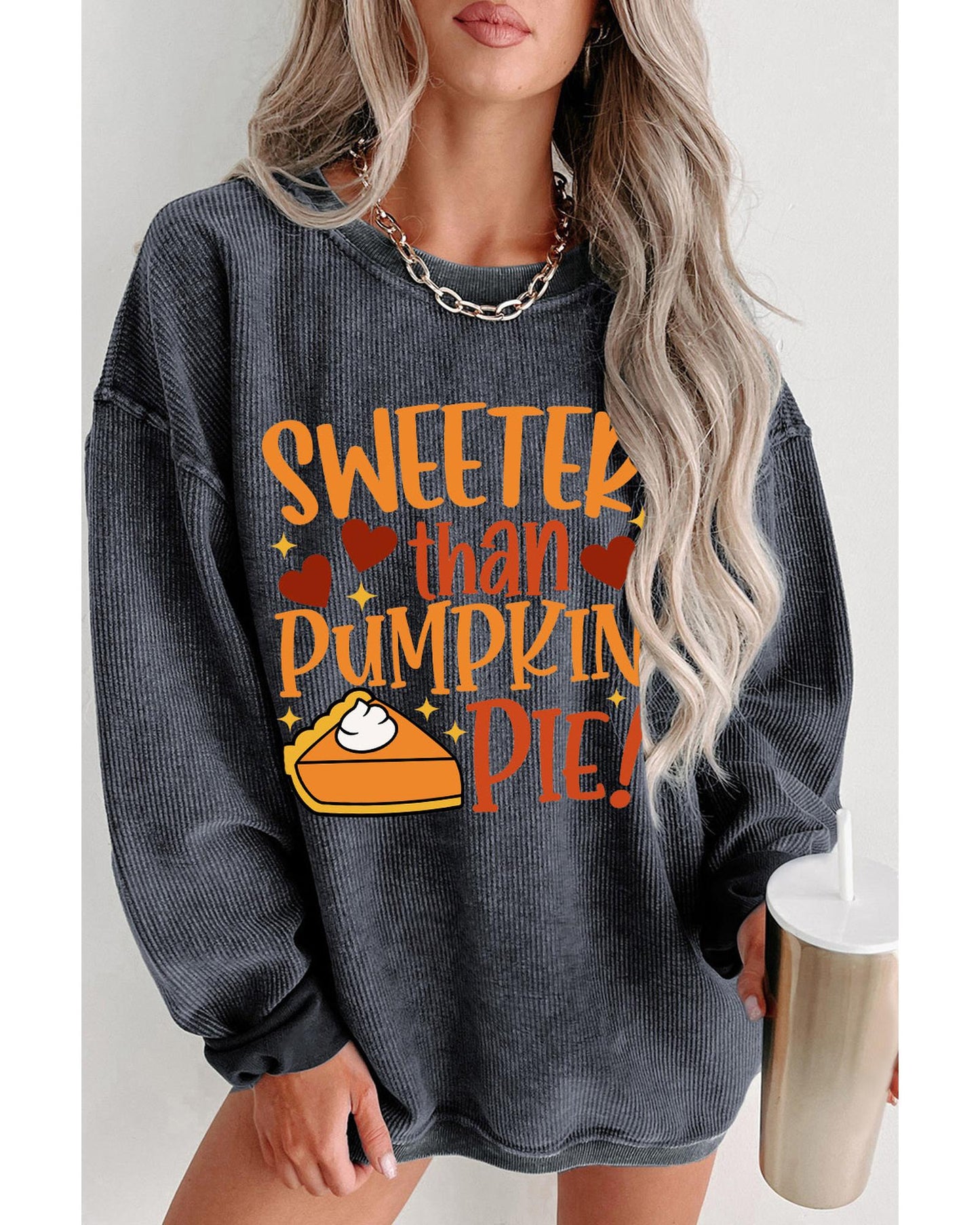 Gray Sweeter Than Pumpkin Pie Graphic Thanksgiving Corded Sweatshirt - S