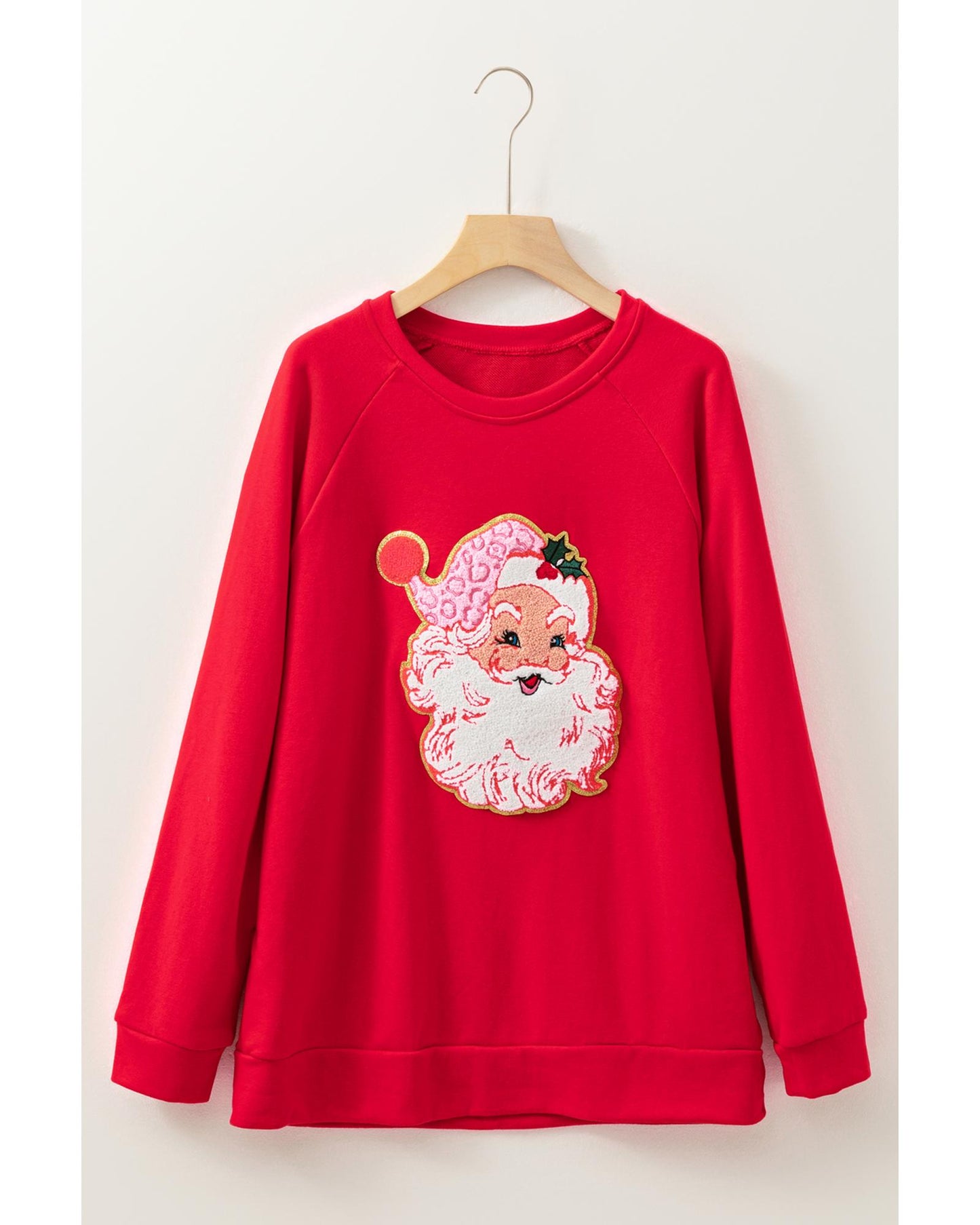 Red Santa Claus Graphic Crewneck Raglan Sleeve Christmas Sweatshirt - S