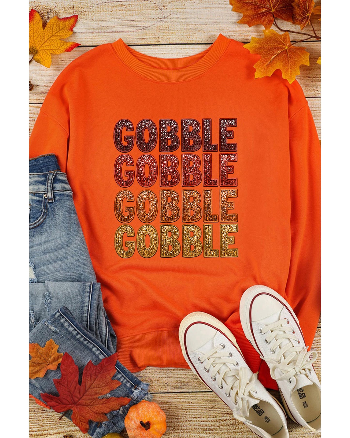 Orange Thanksgiving GOBBLE Print Round Neck Pullover Sweatshirt - S