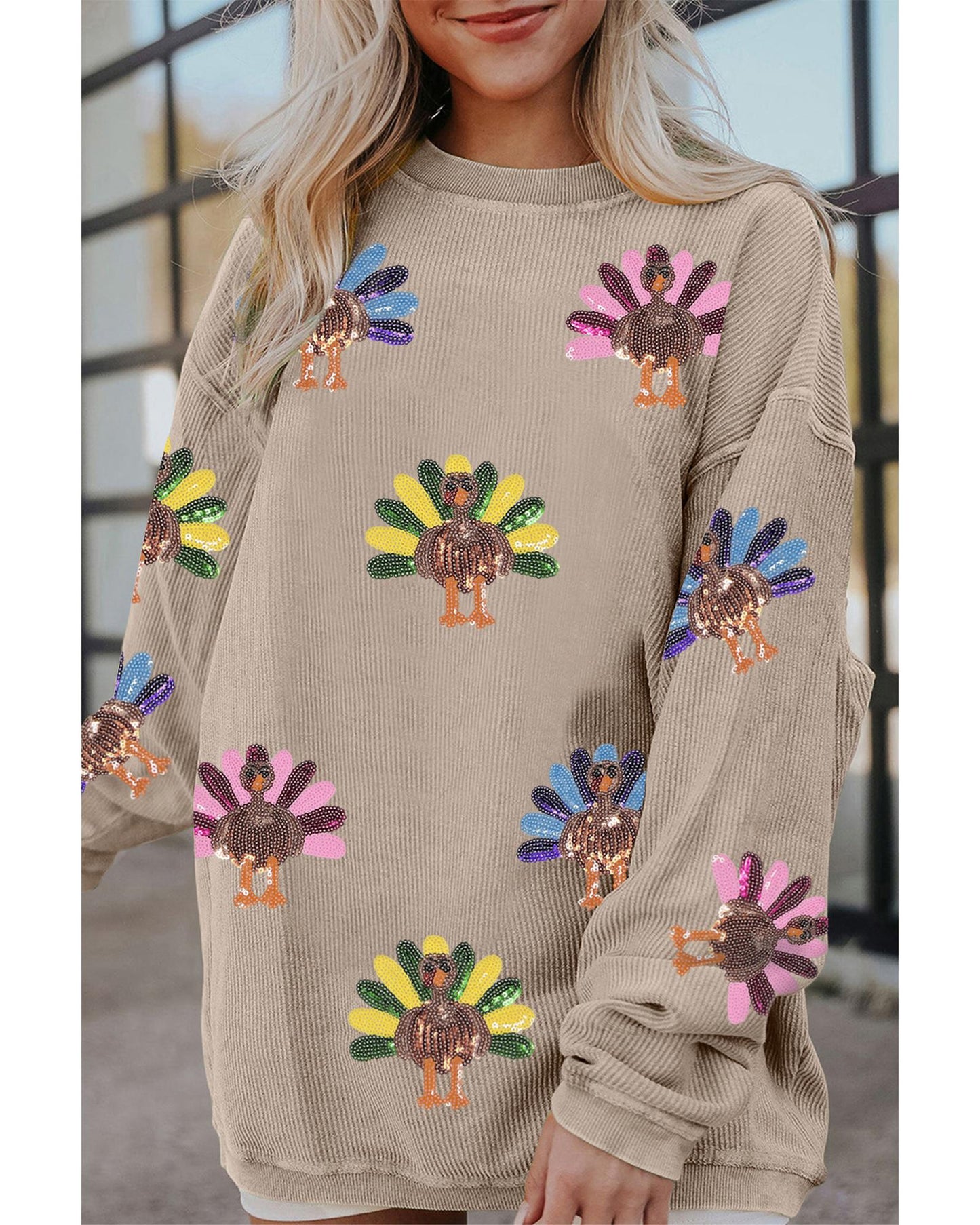 Smoke Gray Turkey Graphic Corded Baggy Sweatshirt - M