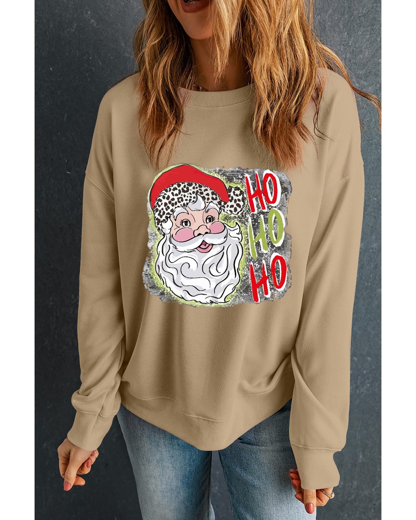Khaki HOHOHO Santa Claus Drop Shoulder Christmas Sweatshirt - L