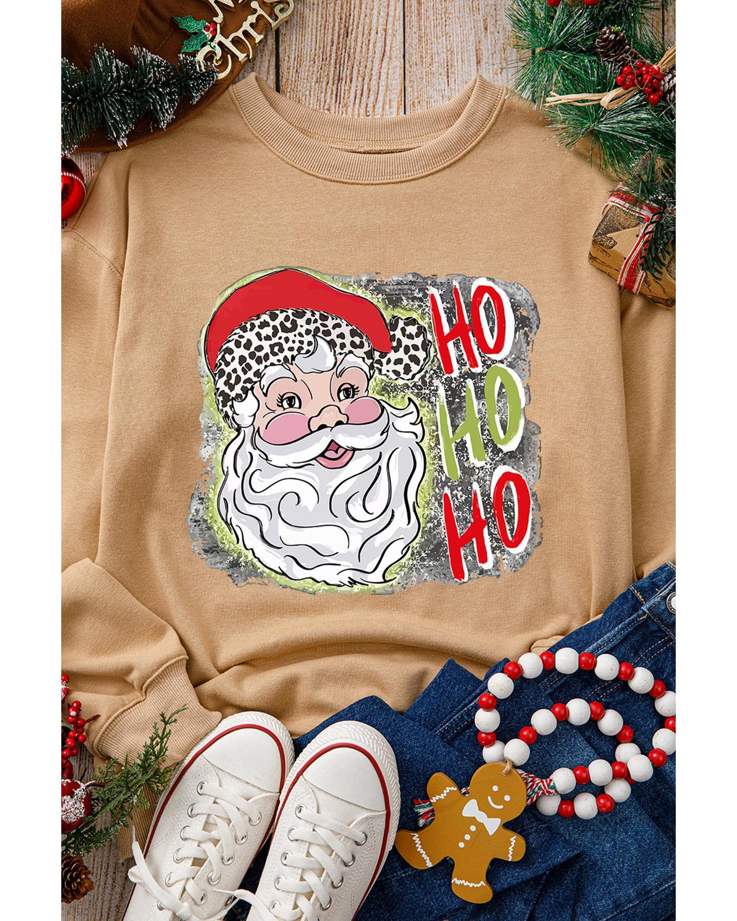 Khaki HOHOHO Santa Claus Drop Shoulder Christmas Sweatshirt - M