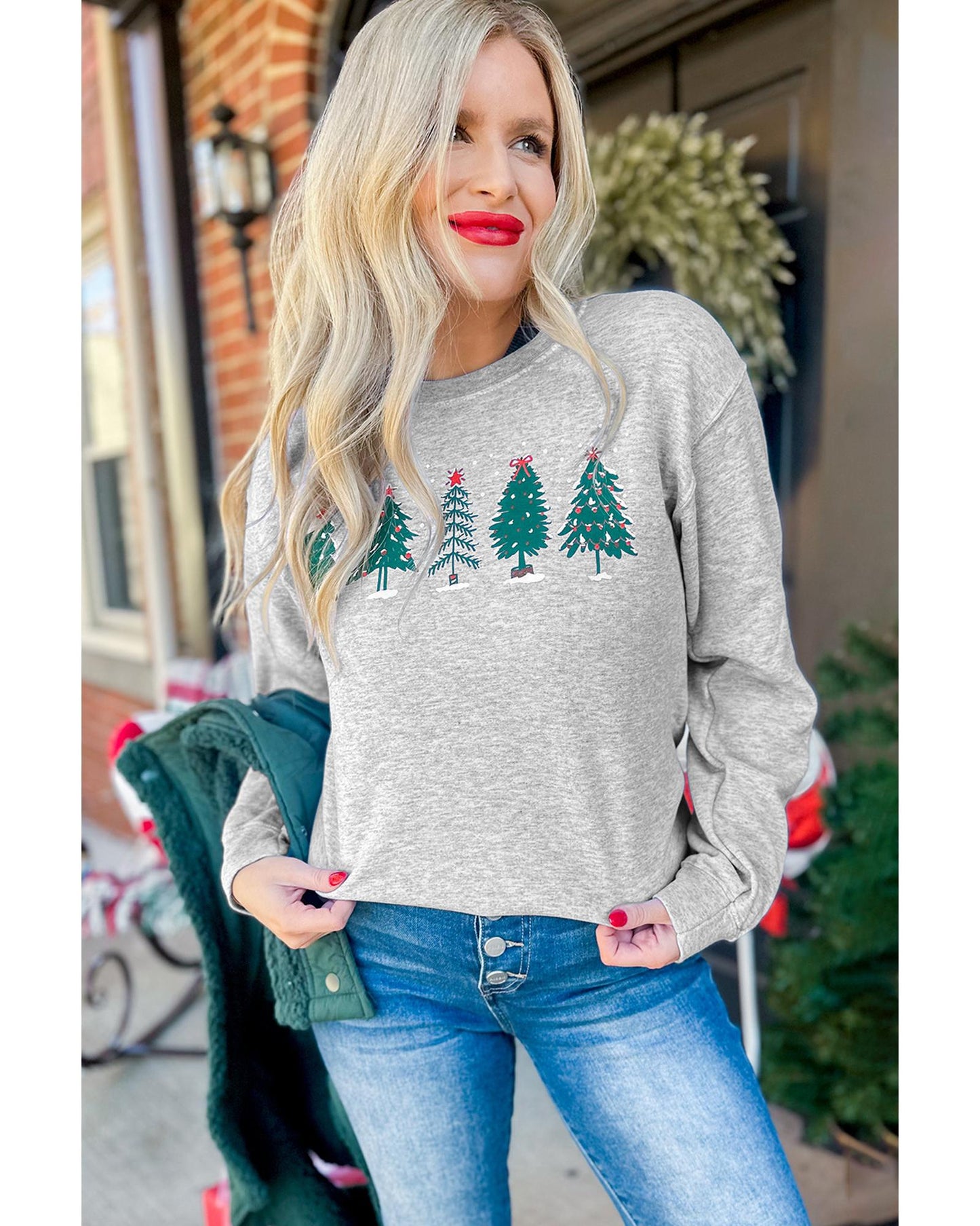 Gray 2-side Printed Christmas Tree Letter Graphic Sweatshirt - S