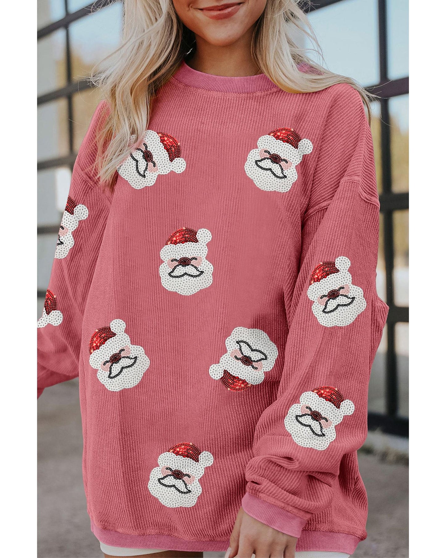 Strawberry Pink Sequin Santa Clause Christmas Corded Sweatshirt - 3XL