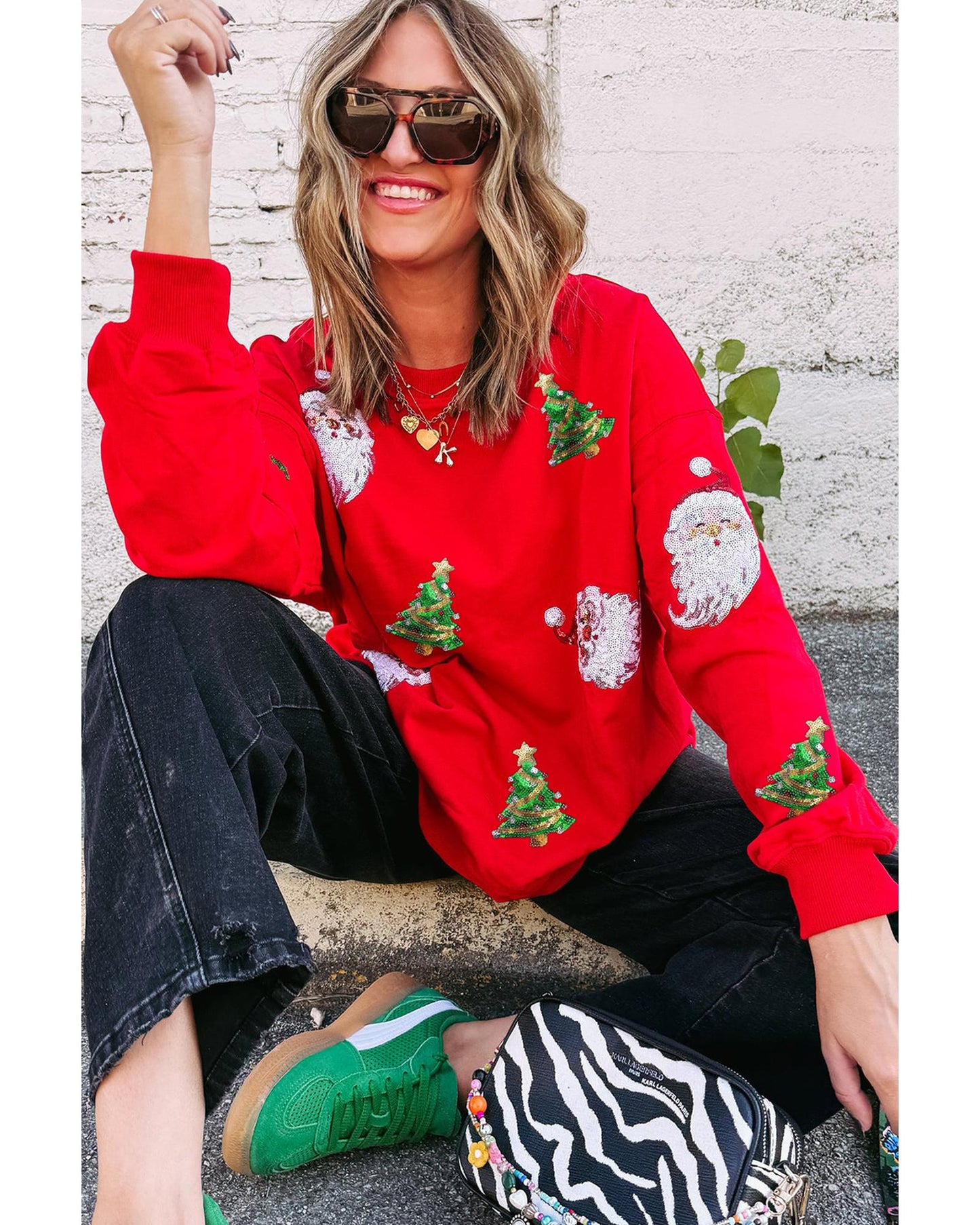 Red Santa Claus Christmas Tree Patched Pattern Drop Shoulder Sweatshirt - L