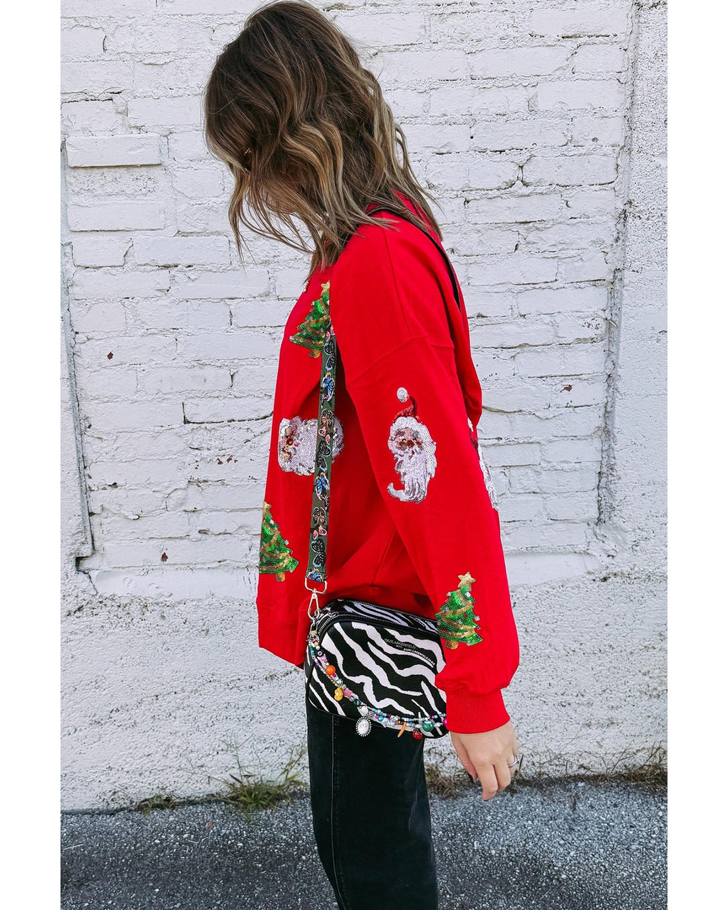 Red Santa Claus Christmas Tree Patched Pattern Drop Shoulder Sweatshirt - L