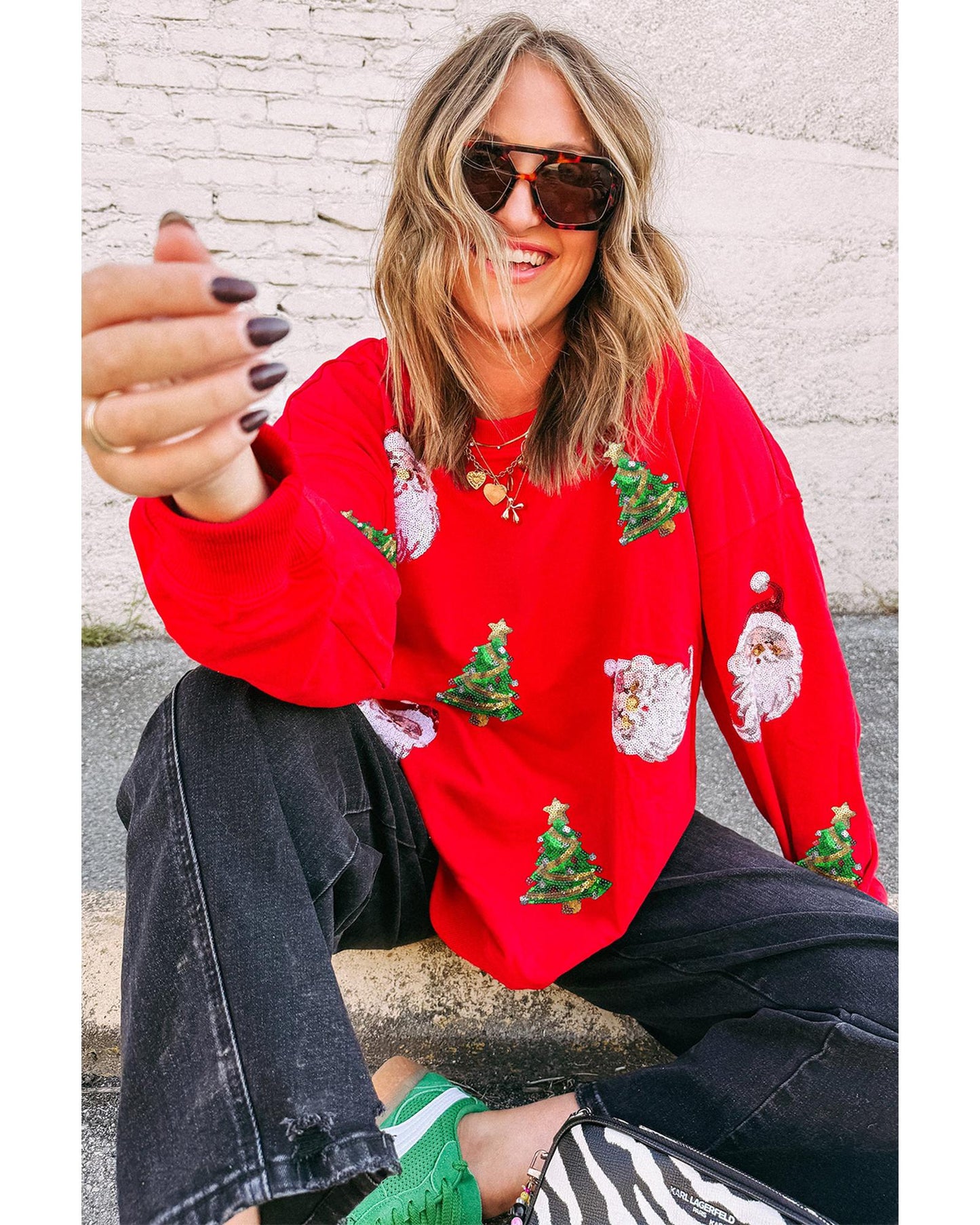 Red Santa Claus Christmas Tree Patched Pattern Drop Shoulder Sweatshirt - L