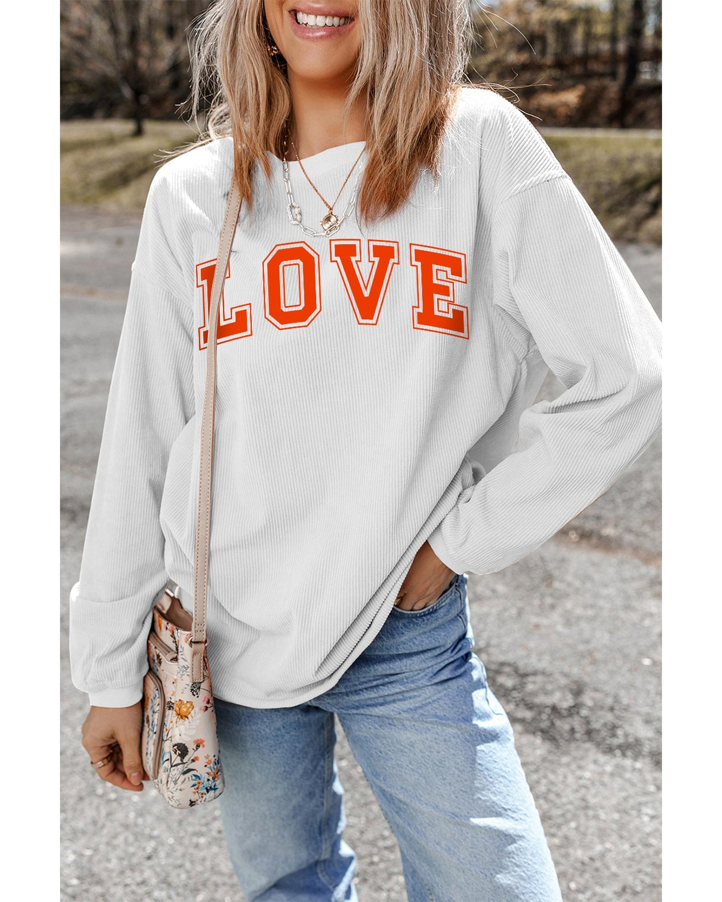 White LOVE Printed Crewneck Valentines Pullover Sweatshirt - XL