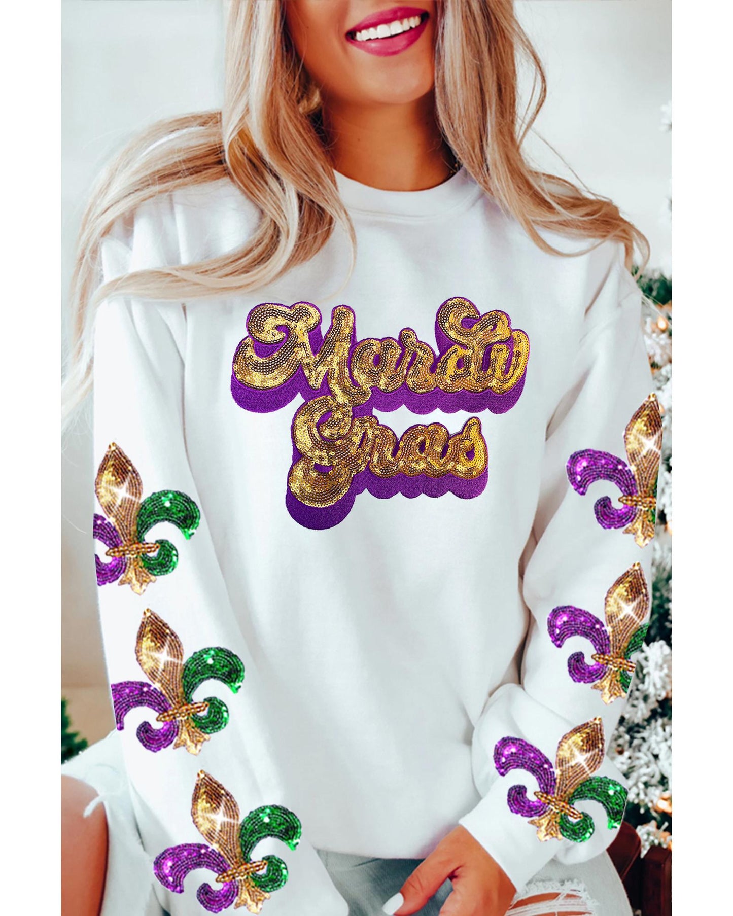 Beige Sequin Mardi Gras Patched Pattern Fleur de Lis Sleeve Sweatshirt - L