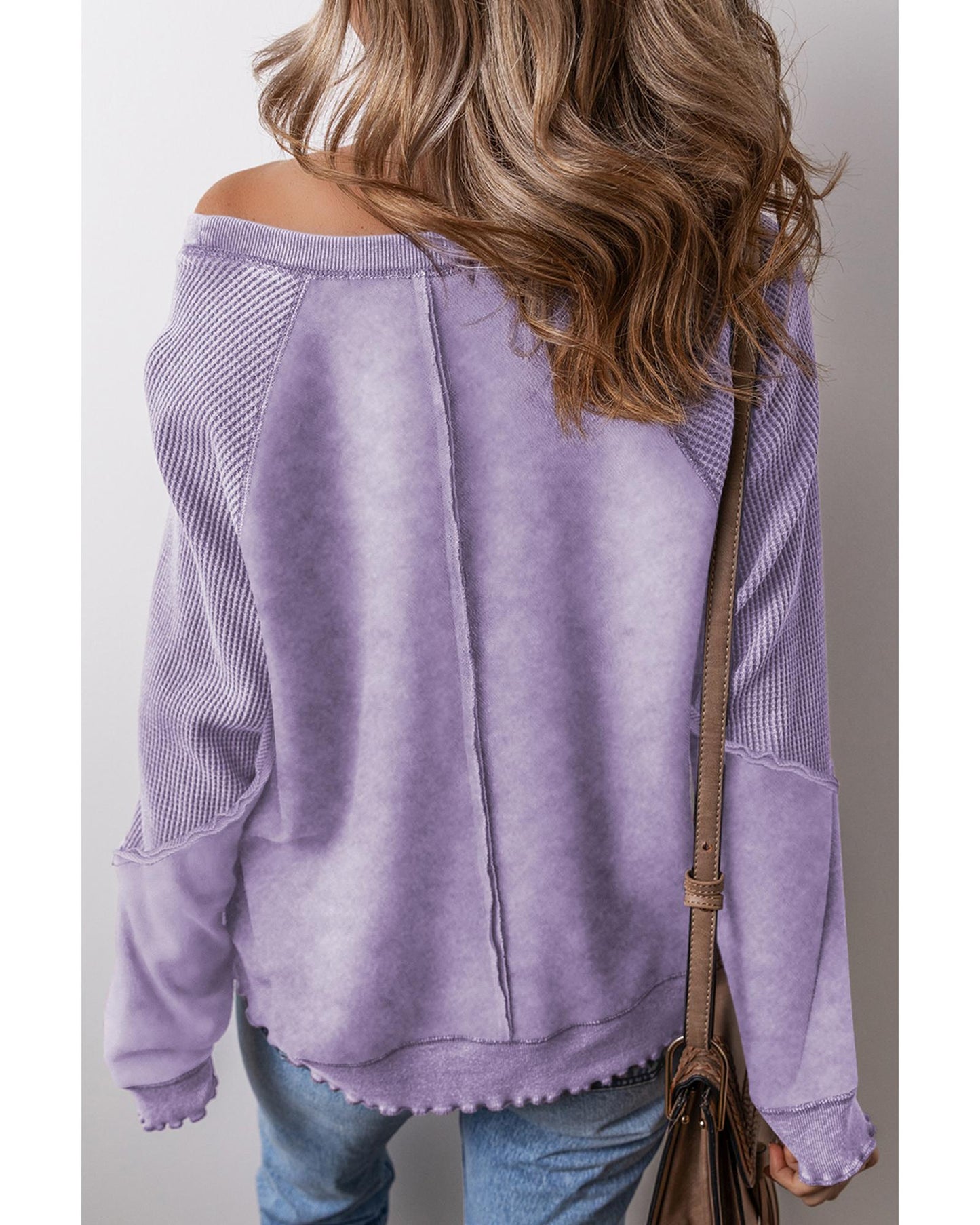 Orchid Petal Mardi Gras Patched Pattern Waffle Patchwork Sweatshirt - M