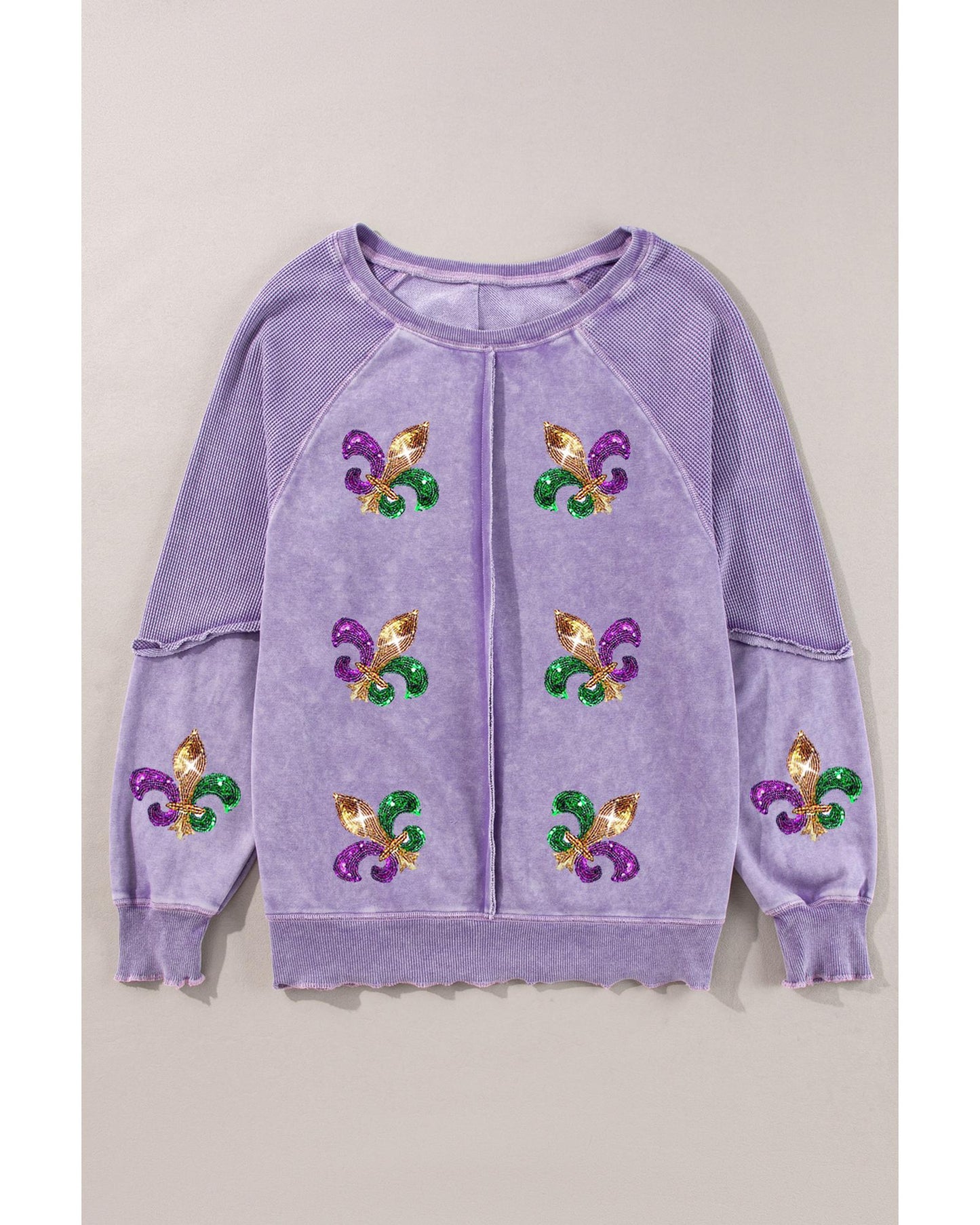Orchid Petal Mardi Gras Patched Pattern Waffle Patchwork Sweatshirt - M