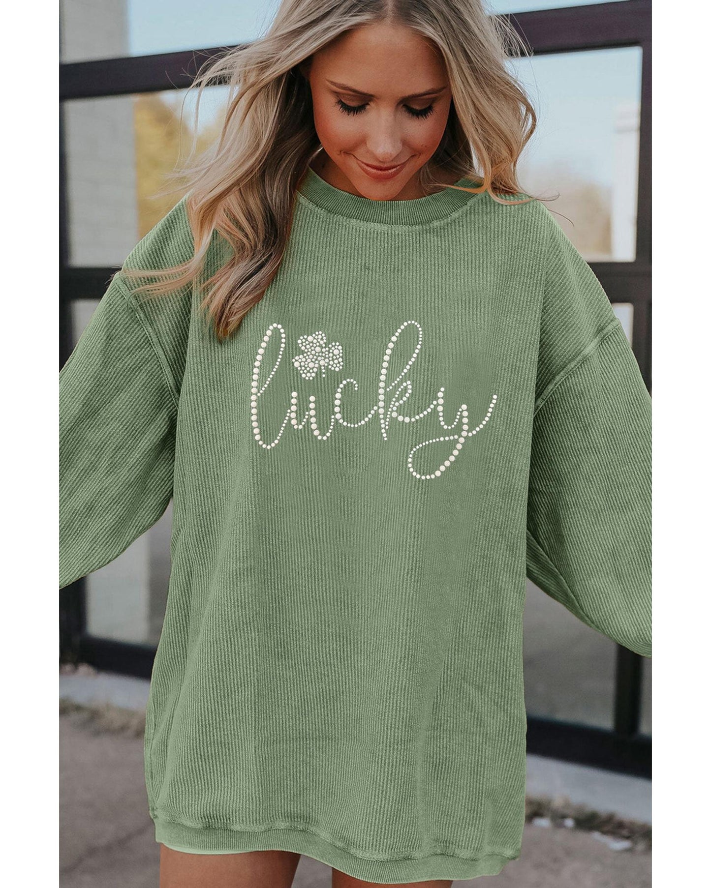 Grass Green Rhinestone lucky Clover Graphic Ribbed St Patrick Sweatshirt - S