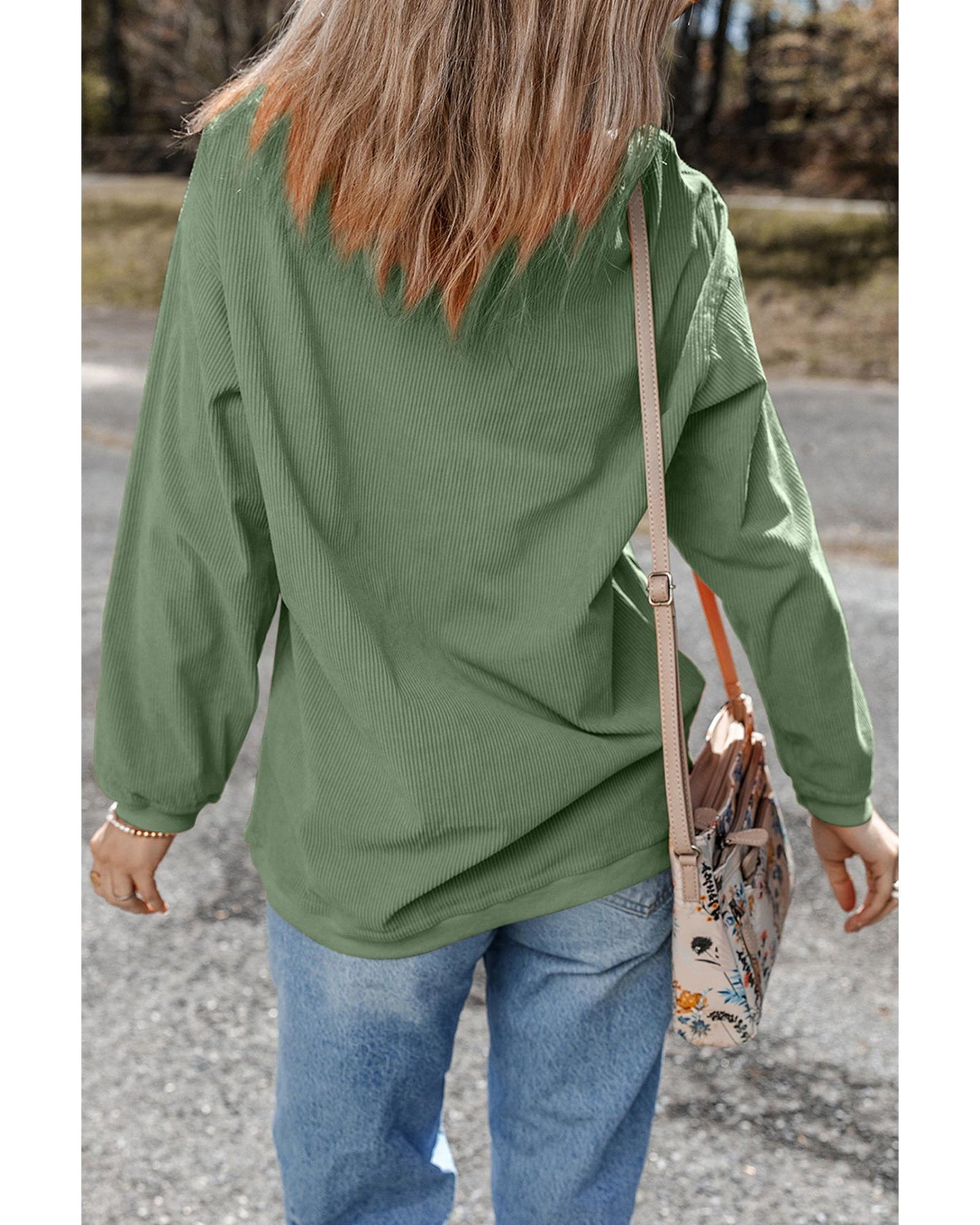 Grass Green Rhinestone lucky Clover Graphic Ribbed St Patrick Sweatshirt - S