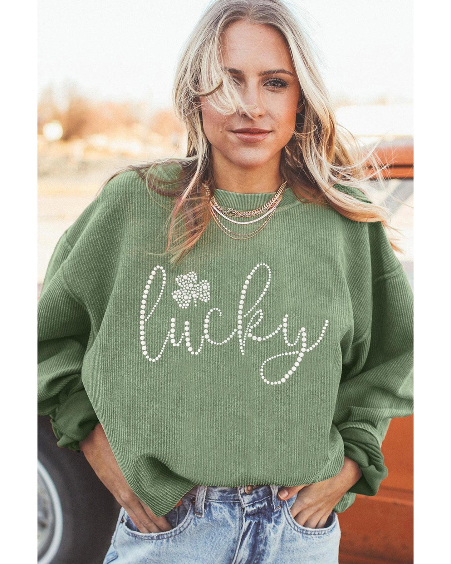 Grass Green Rhinestone lucky Clover Graphic Ribbed St Patrick Sweatshirt - S