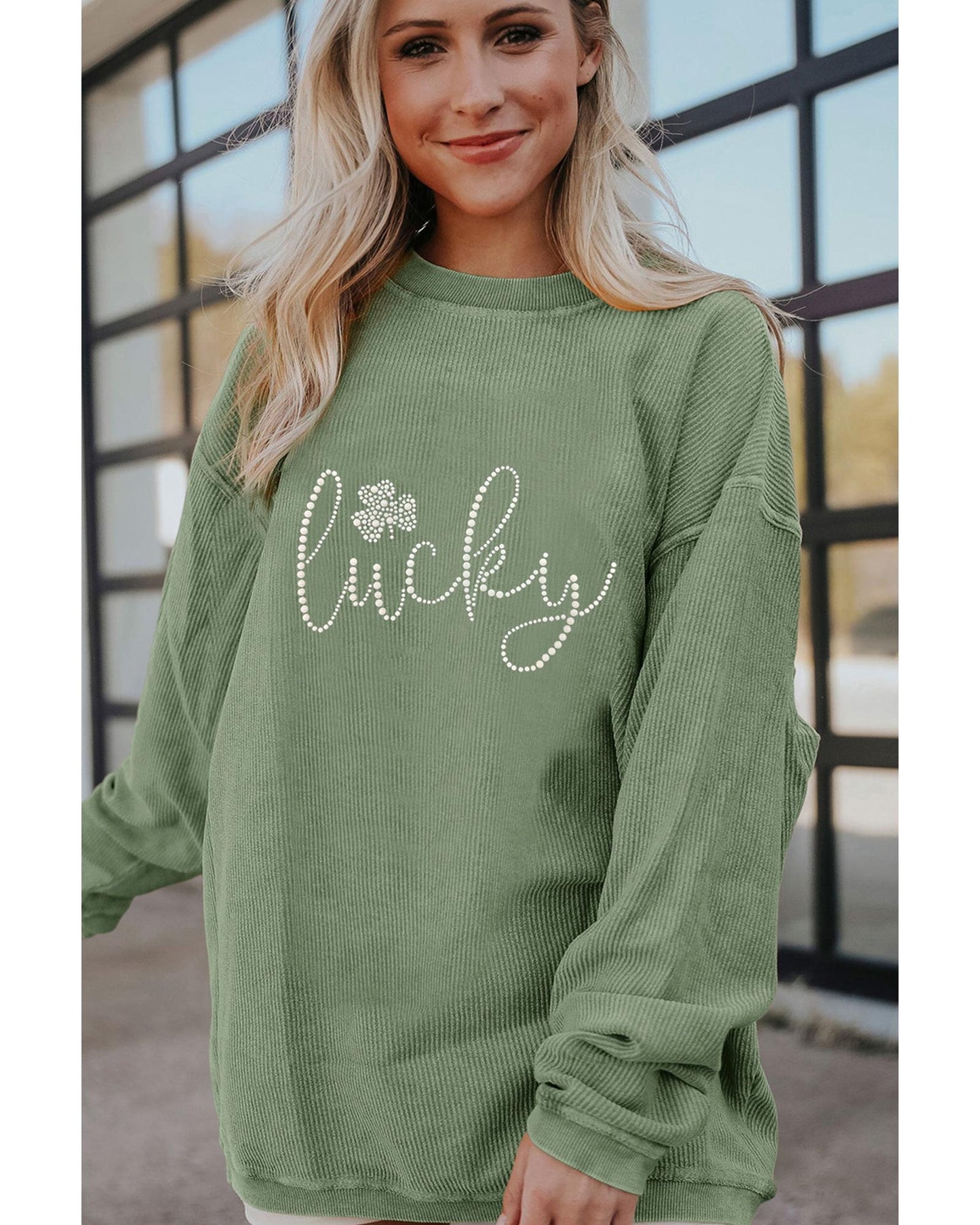 Grass Green Rhinestone lucky Clover Graphic Ribbed St Patrick Sweatshirt - S
