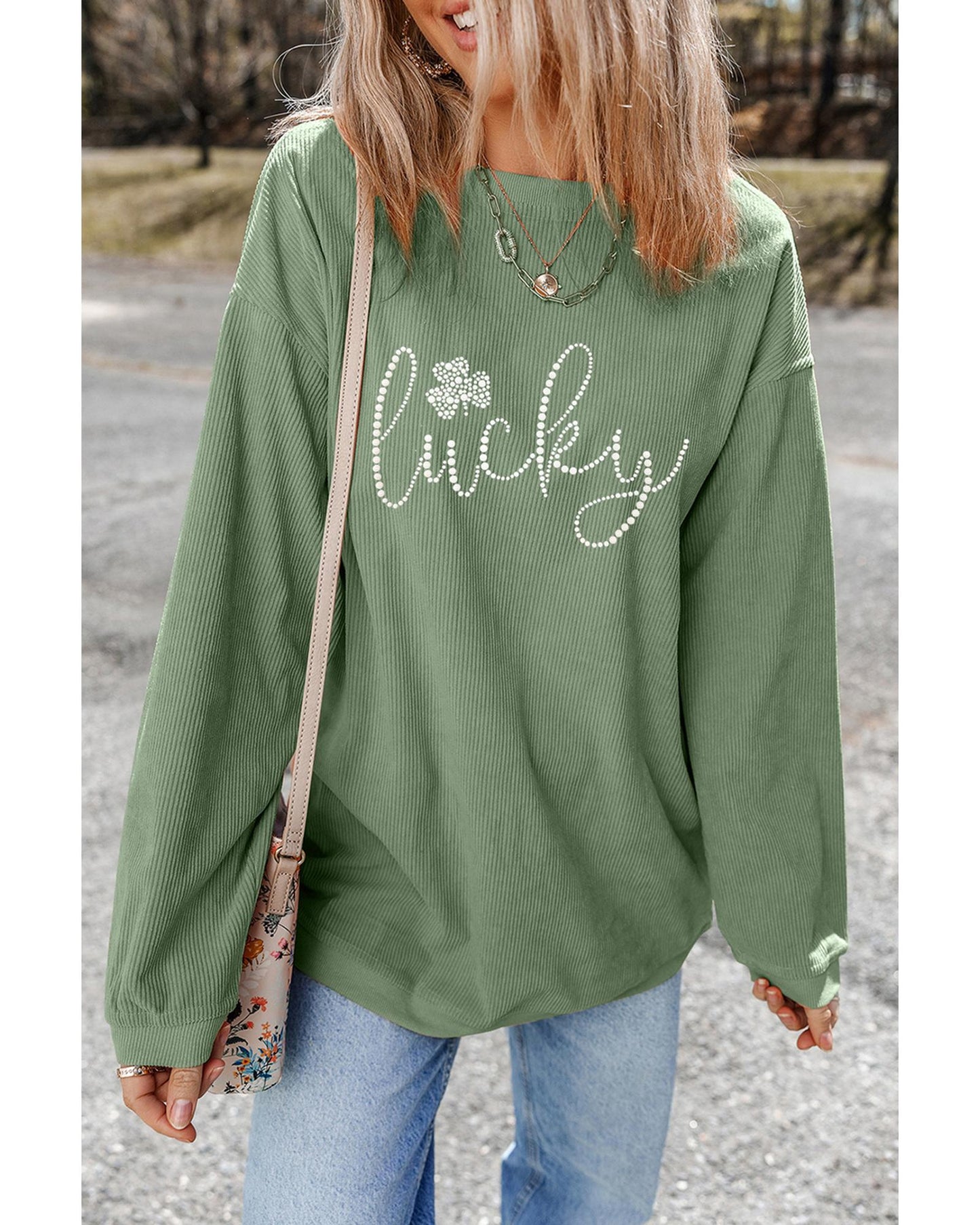 Grass Green Rhinestone lucky Clover Graphic Ribbed St Patrick Sweatshirt - S