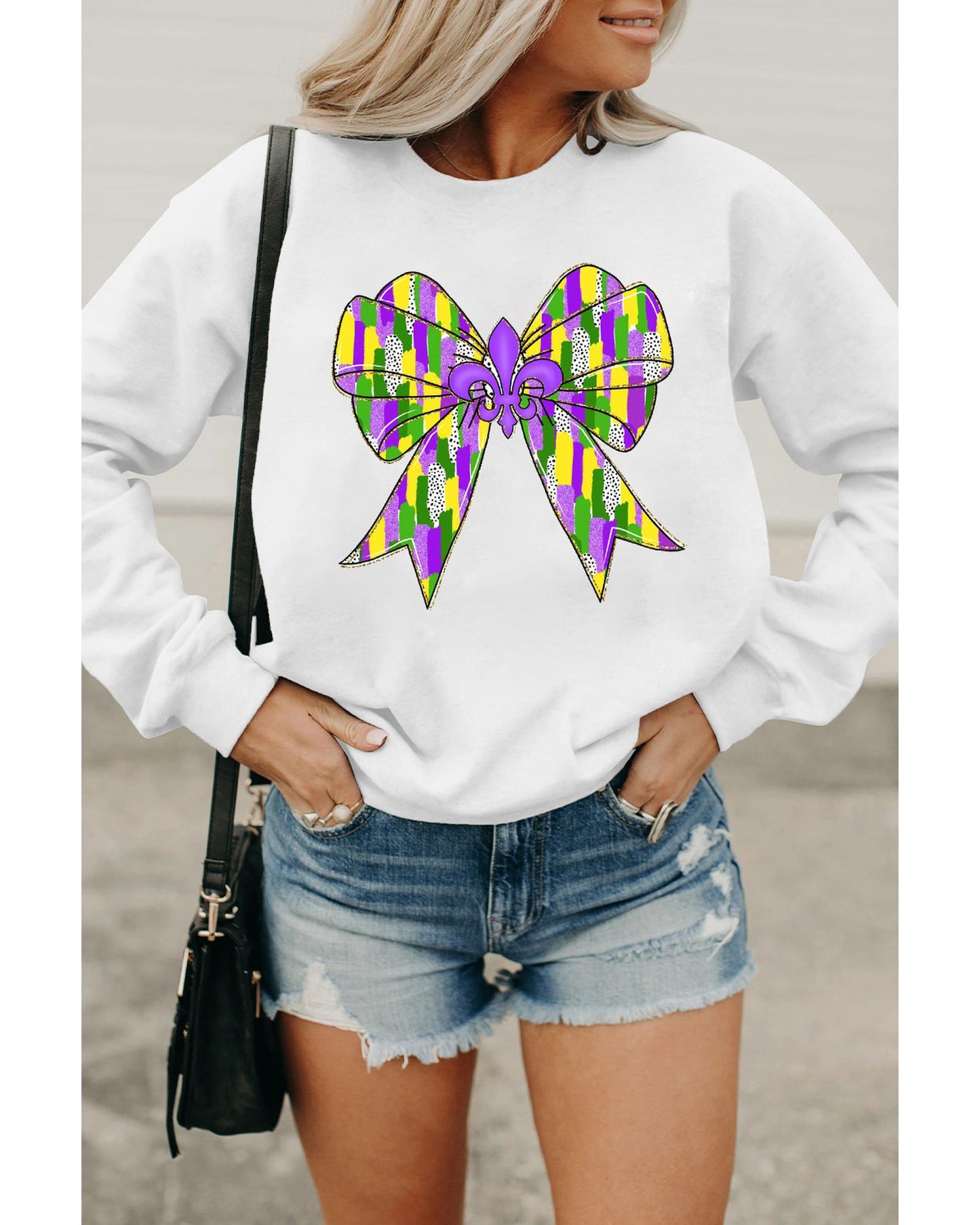White Mardi Gras Bowknot Graphic Pullover Sweatshirt - L