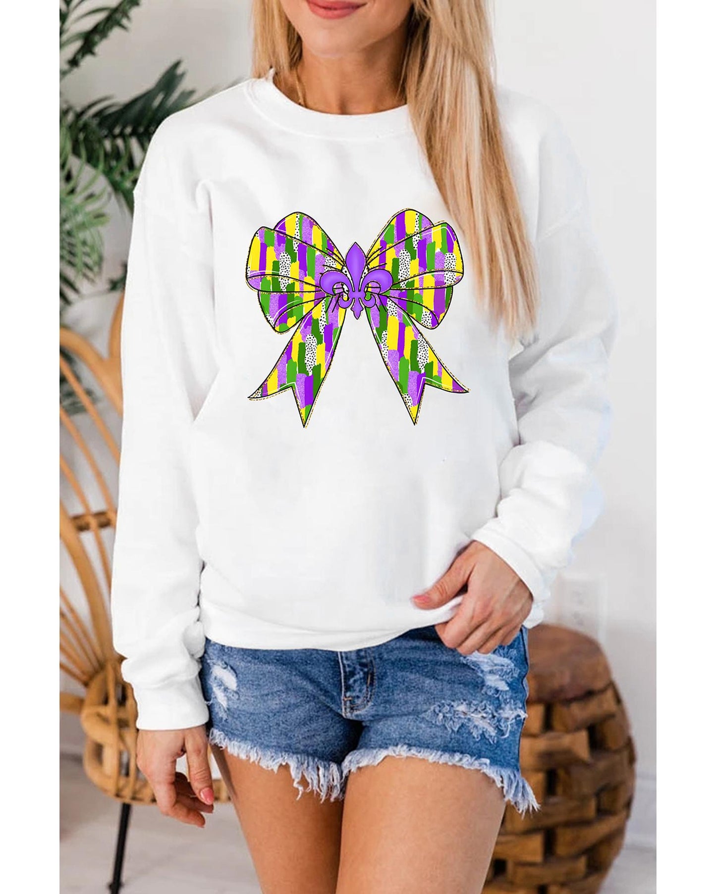 White Mardi Gras Bowknot Graphic Pullover Sweatshirt - L