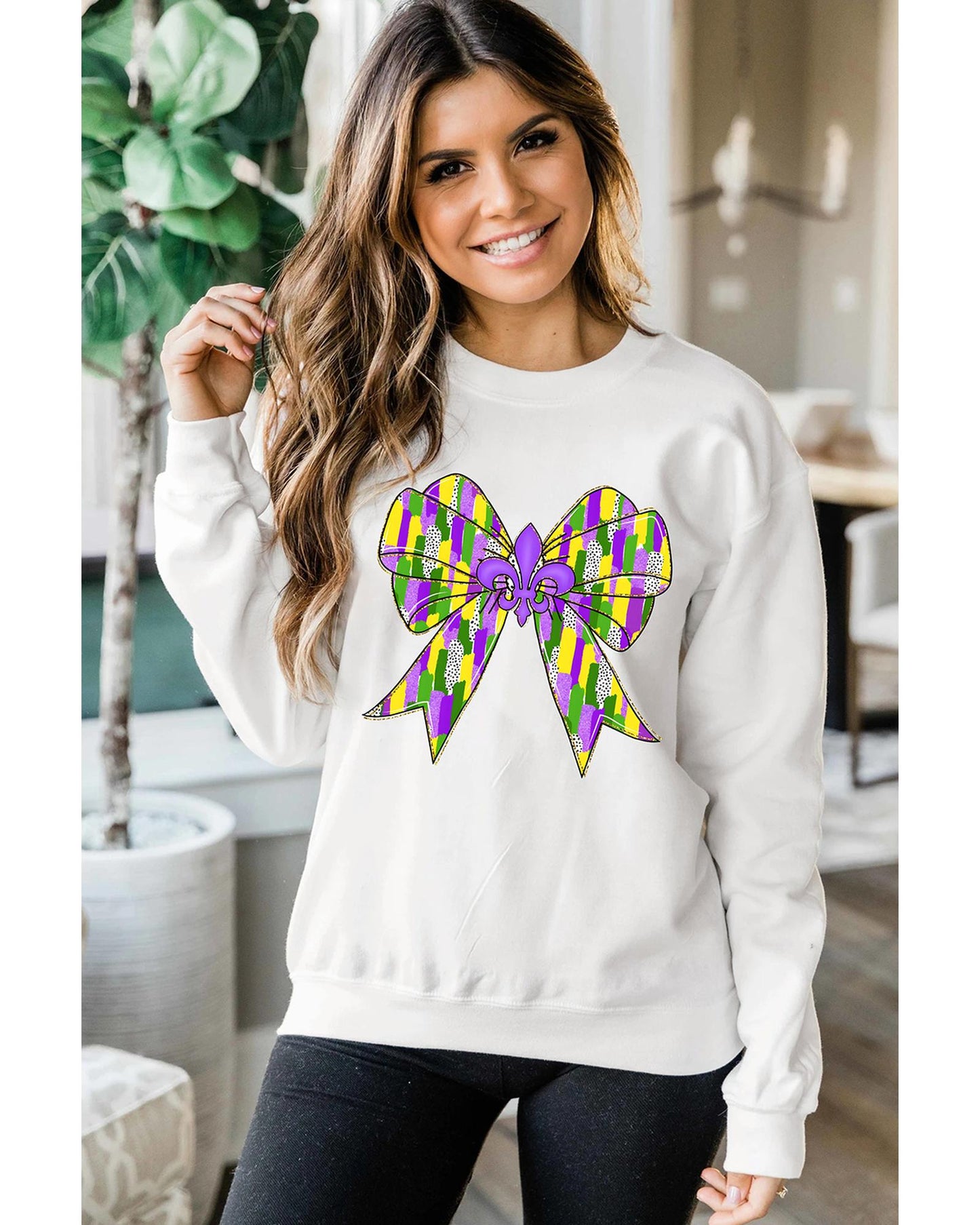 White Mardi Gras Bowknot Graphic Pullover Sweatshirt - L