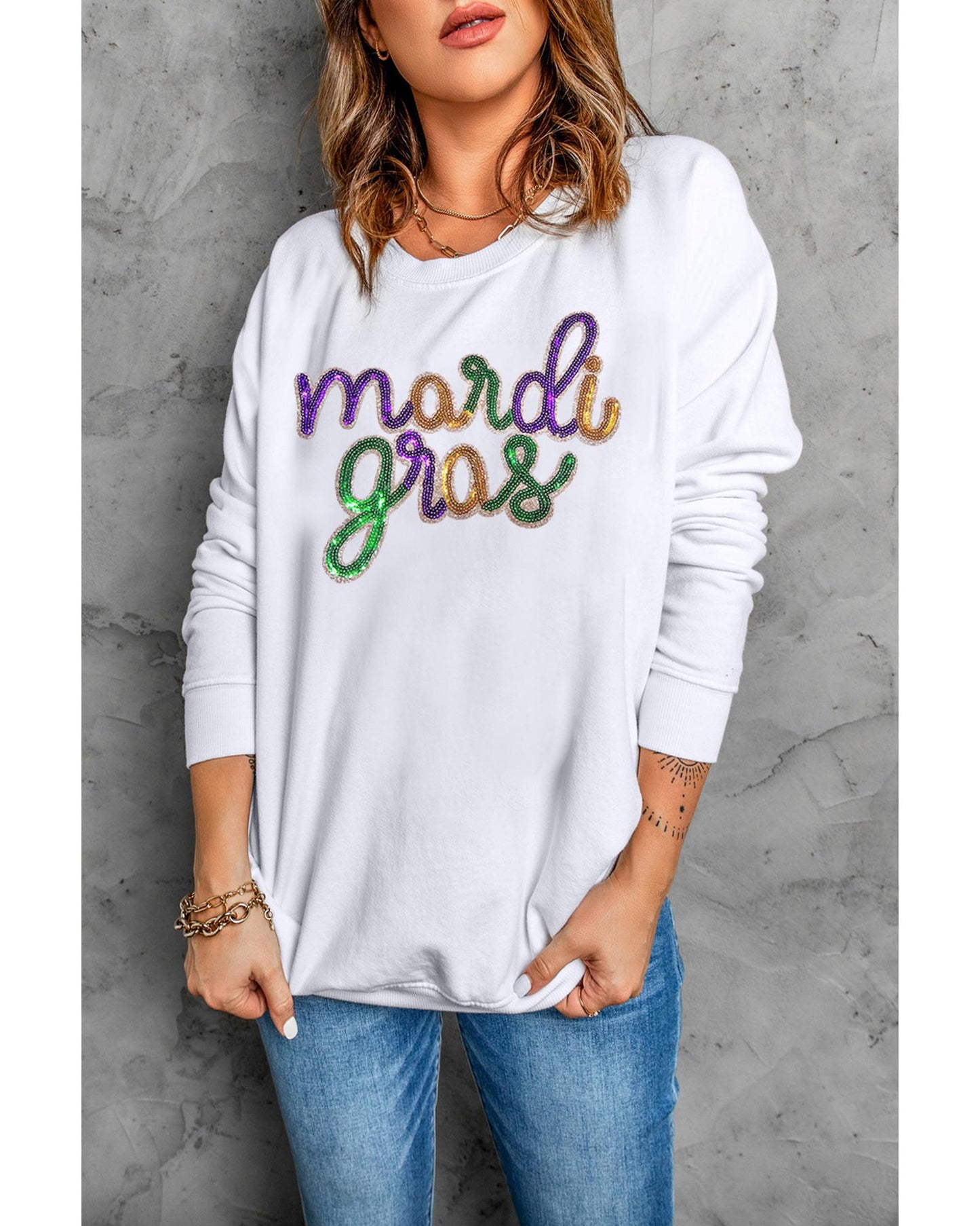White Sequined mardi gras Graphic Crew Neck Drop Shoulder Sweatshirt - L